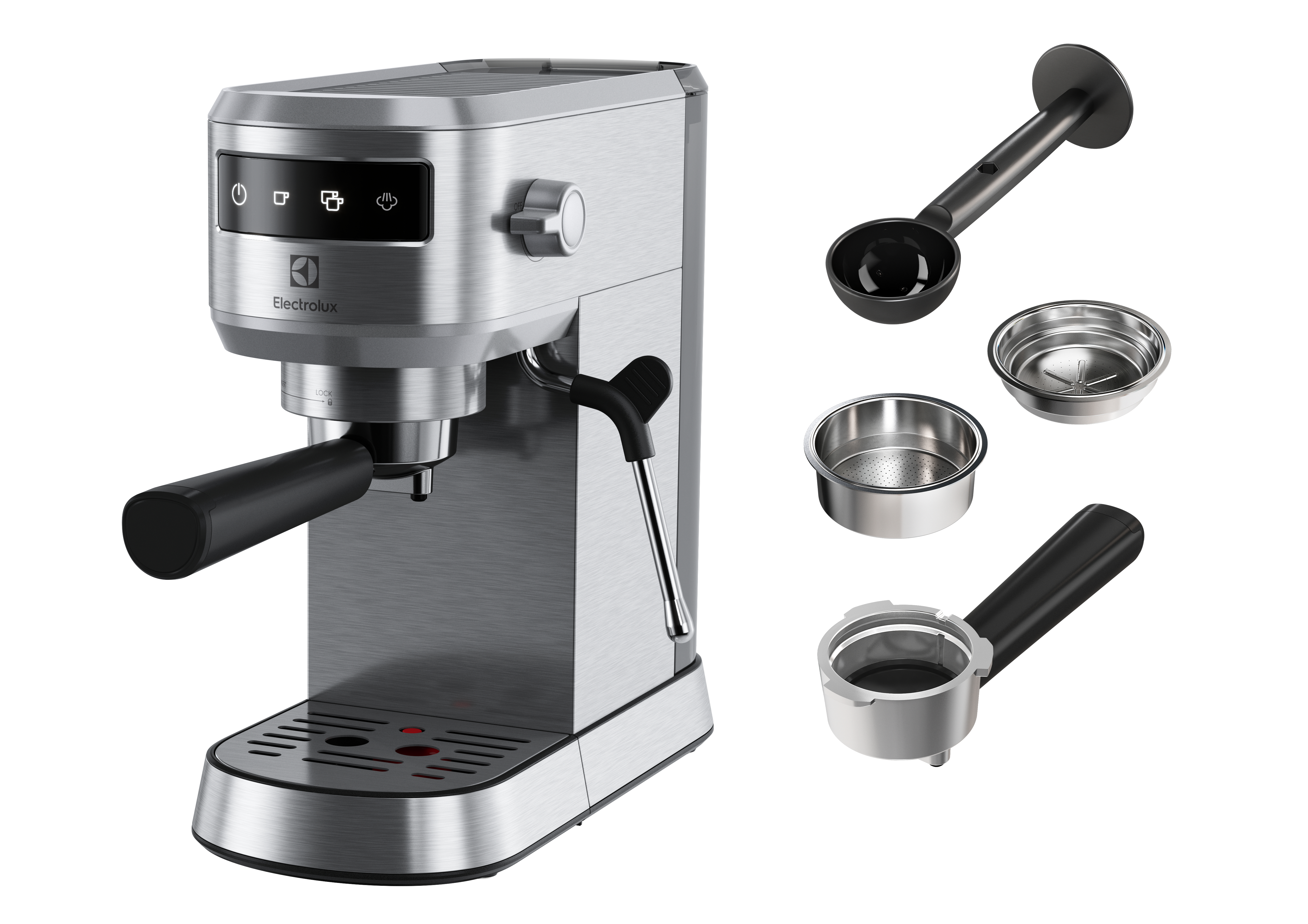 Aksesuarlarıyla birlikte bir Electrolux espresso makinesi. Siyah bir sap ve çeşitli bağlantı parçalarıyla gümüştür.