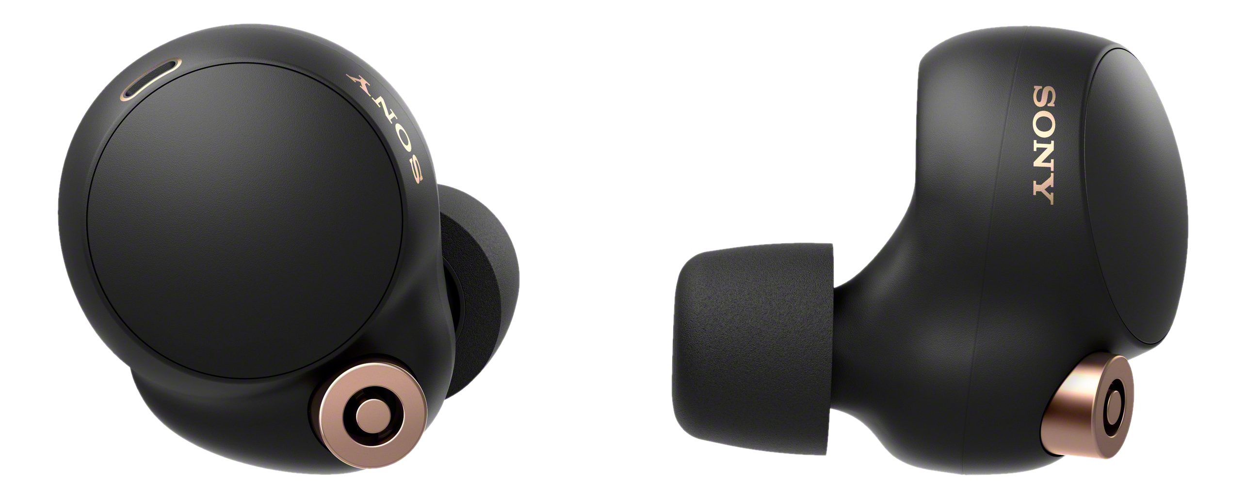 Auricolari wireless neri con dettagli dorati. Isolati su sfondo nero.