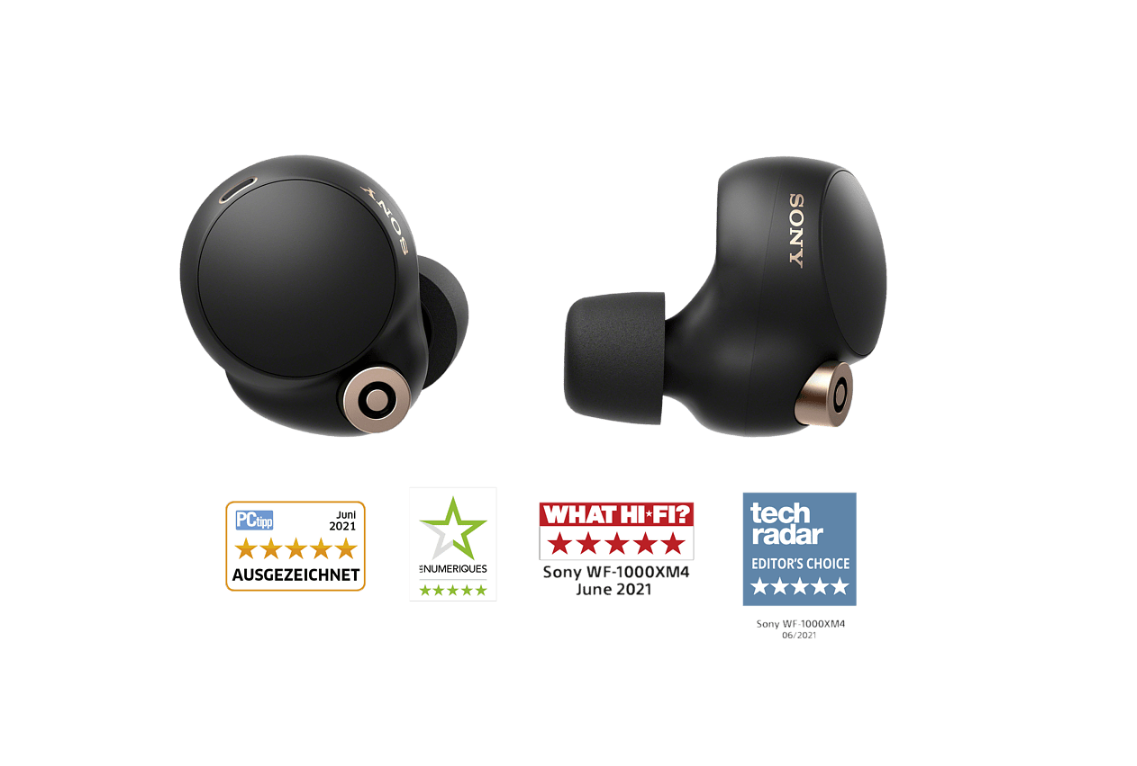 Auricolari Sony neri con dettagli dorati e loghi dei premi su sfondo bianco.
