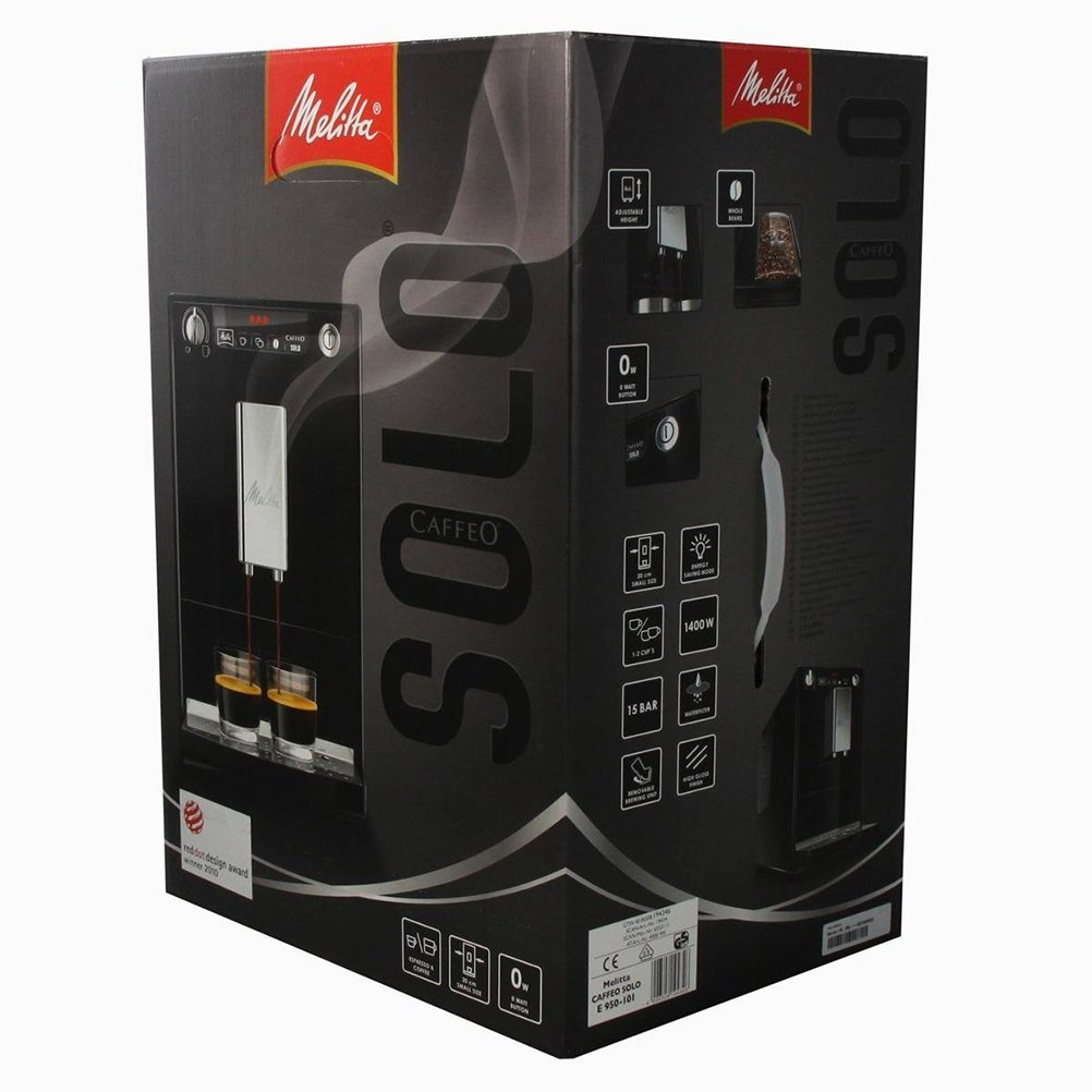 Caja negra de la cafetera Melitta Caffeo Solo, vista en ángulo.