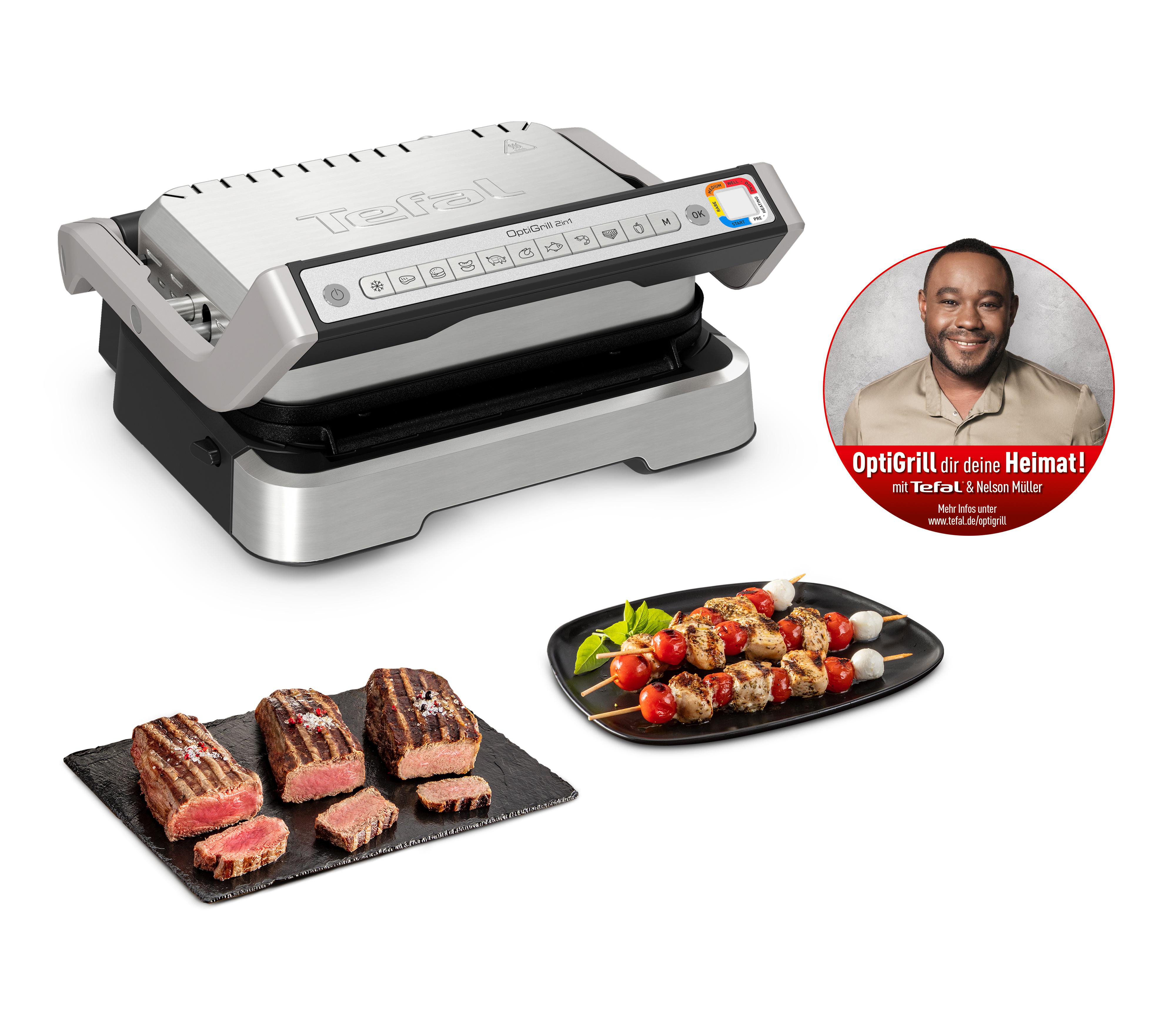 Tefal OptiGrill mit Steaks, Spießen und einem Porträt eines Mannes, der das Grillen bewirbt.