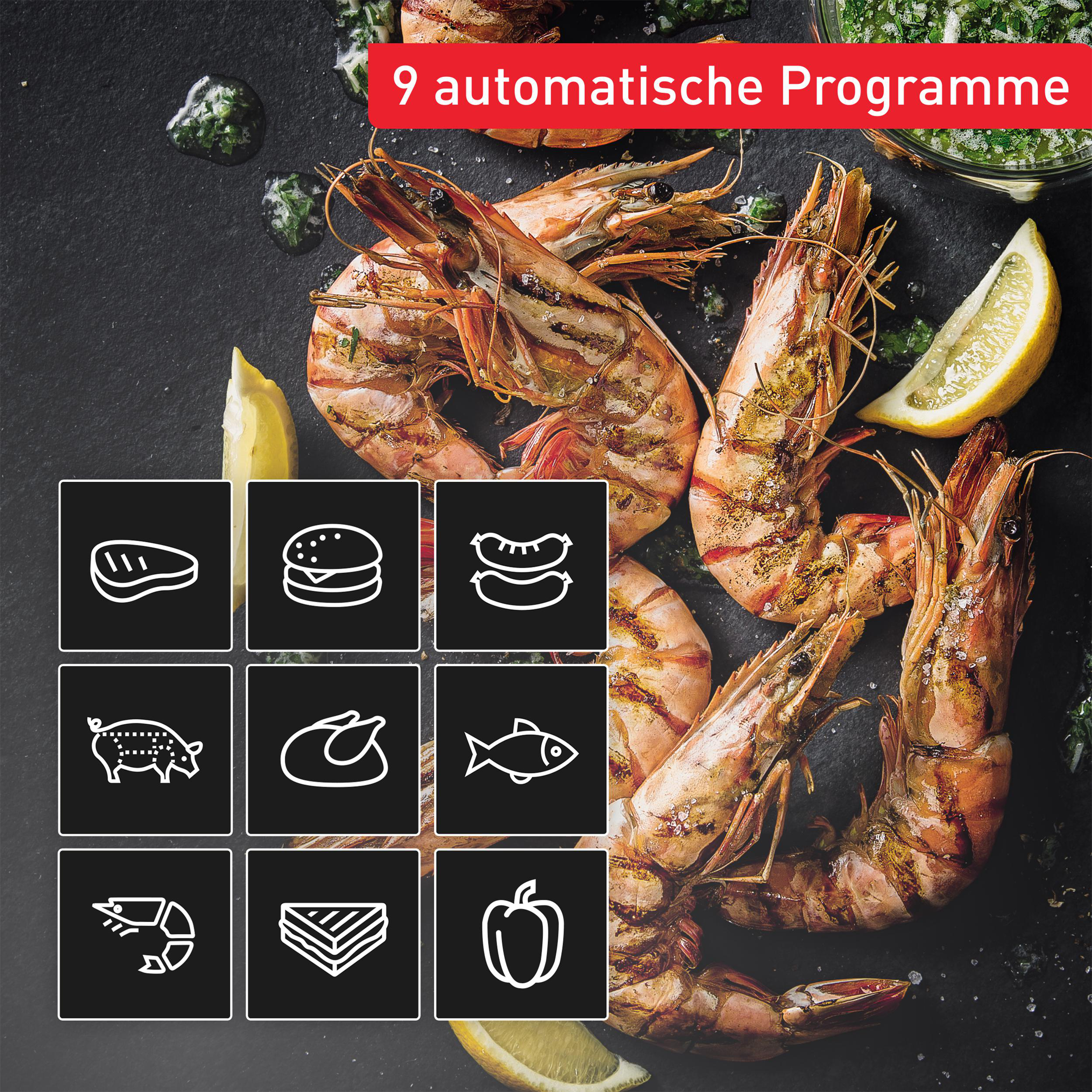 Gegrillte Garnelen, mit Zitronenscheiben und Saucen, und neun Symbole, die verschiedene Lebensmittel darstellen.