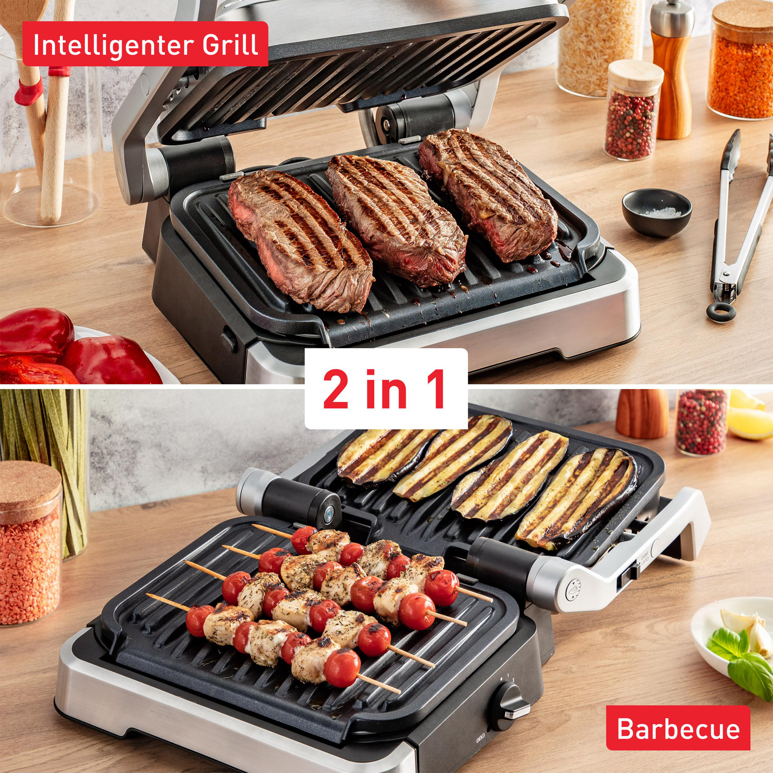 Zwei Bilder eines Grills. Das obere Bild zeigt Steaks. Das untere zeigt Kebabs und gegrilltes Gemüse.
