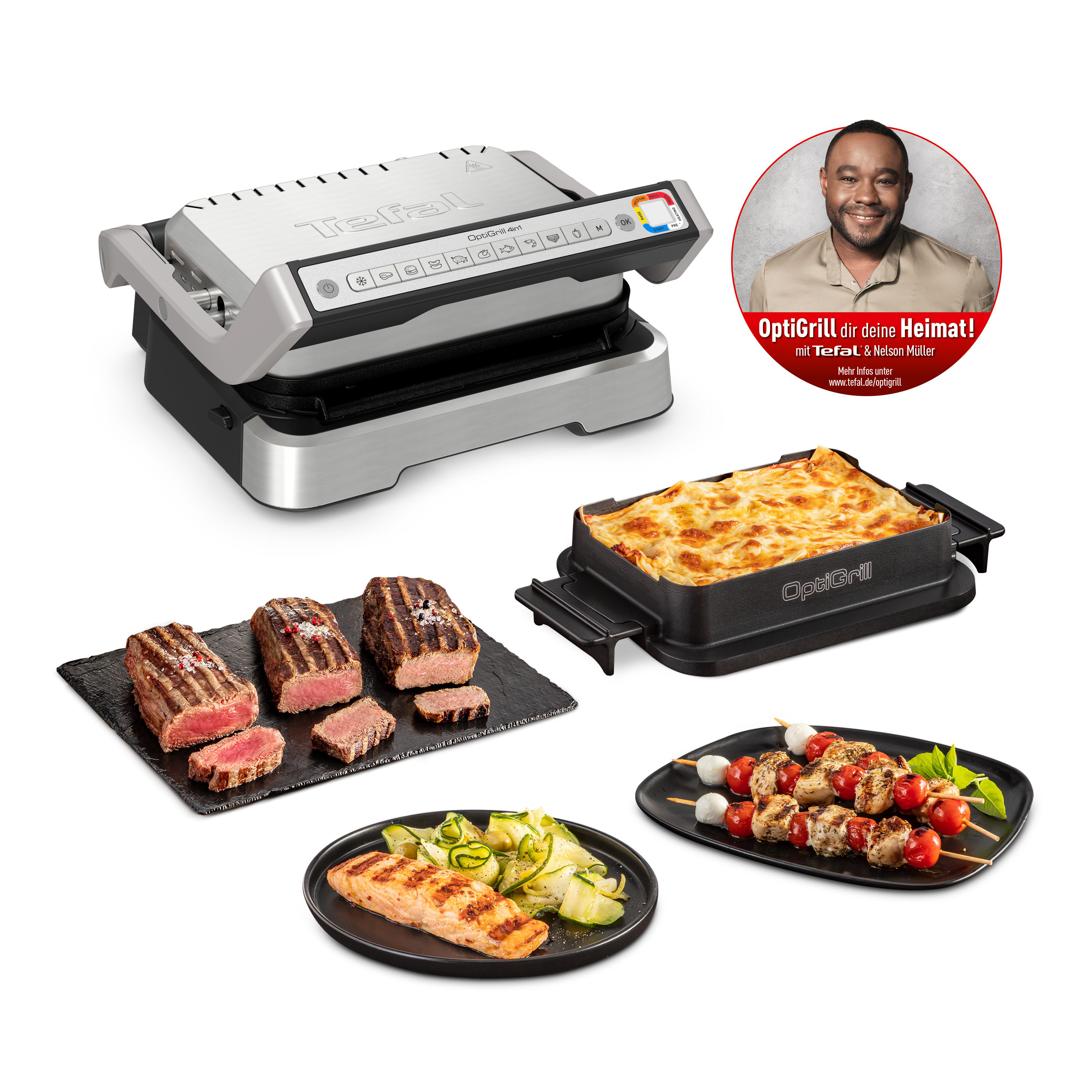 Grill mit gebratenen Steaks, Gemüse und einem Porträt eines Mannes mit Text.