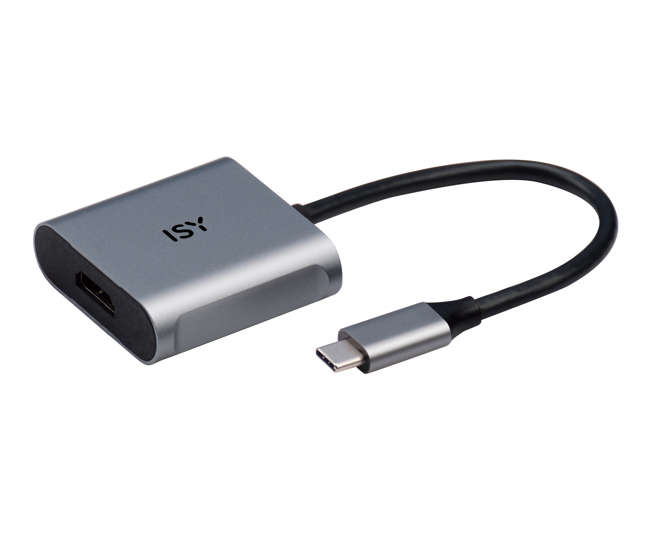 Silberner und grauer USB-C-zu-HDMI-Adapter. Das Kabel biegt sich nach rechts.