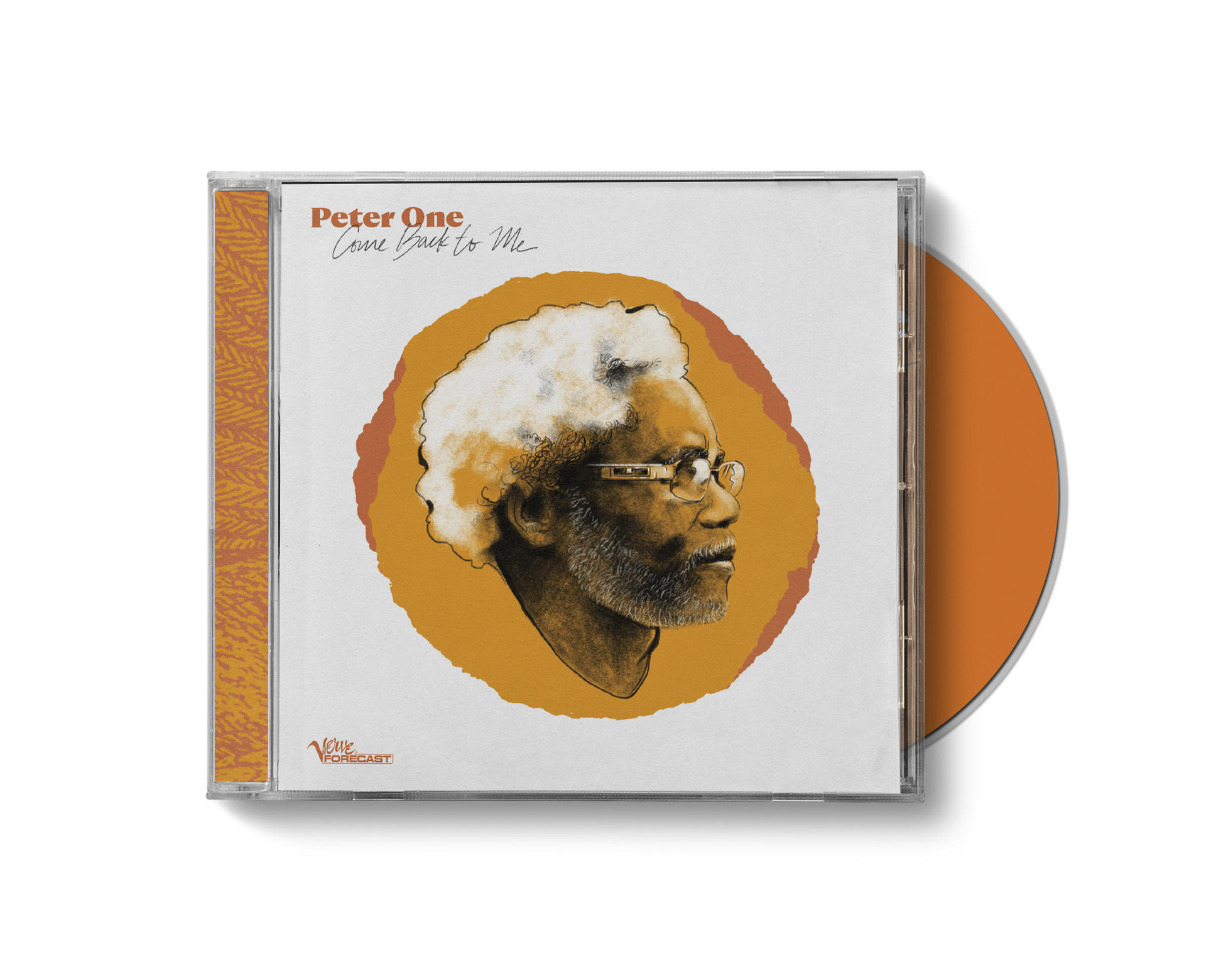 CD-Hülle mit einer orangefarbenen CD. Auf dem Cover ist ein Mann mit Brille und weißen Haaren abgebildet.