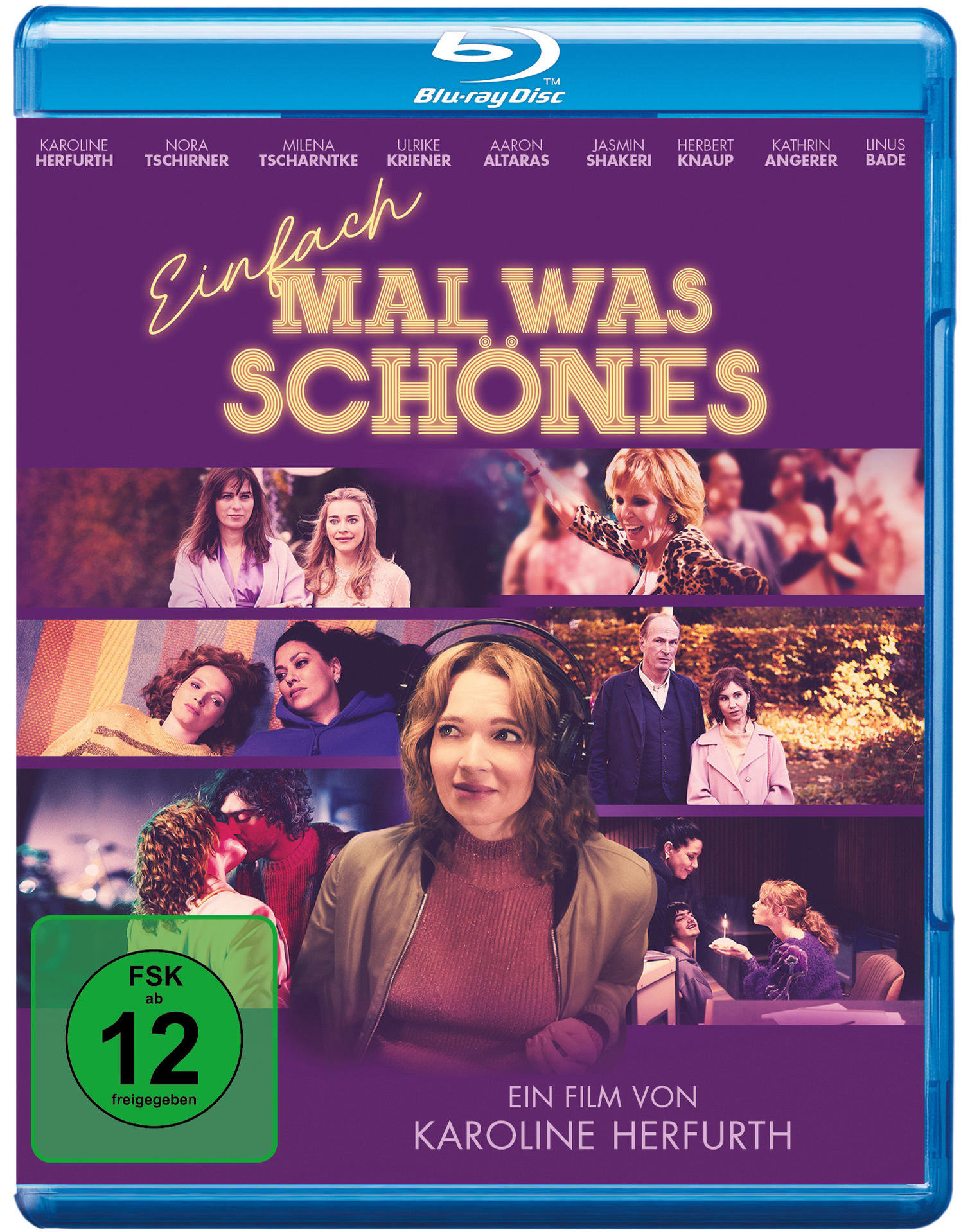 Filmcover: Frau mit Kopfhörern, umgeben von verschiedenen Szenen und Schauspielern.