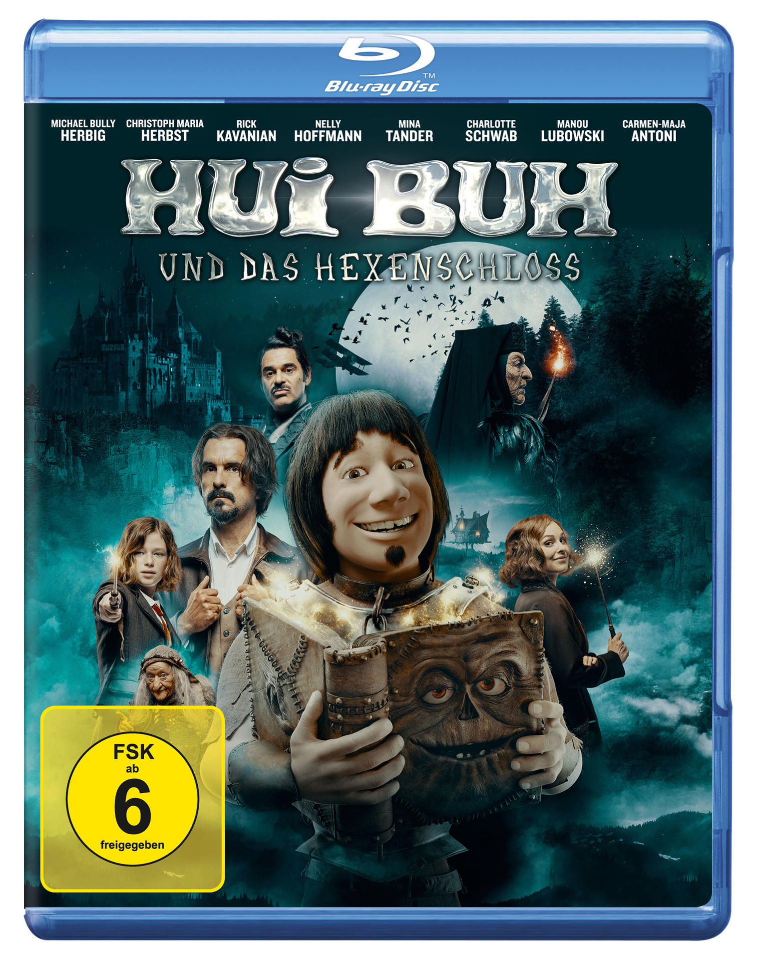 Blu-ray-Filmcover: 'Hui Buh und das Hexenschloss'. Zeigt Schauspieler auf blauem Hintergrund.