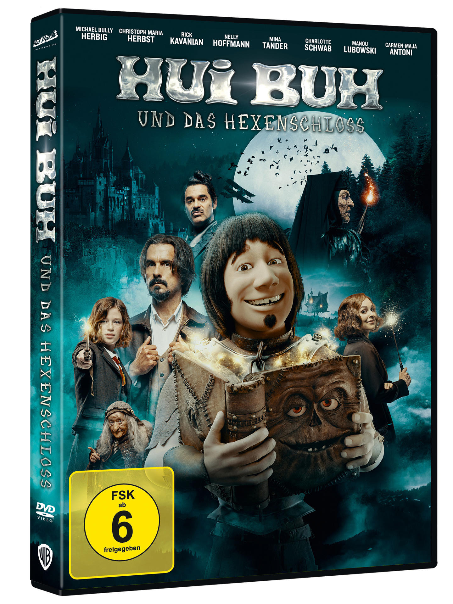 DVD-Cover des Films 'Hui Buh und das Hexenschloss'. Mit Schauspielern und einem Schloss.