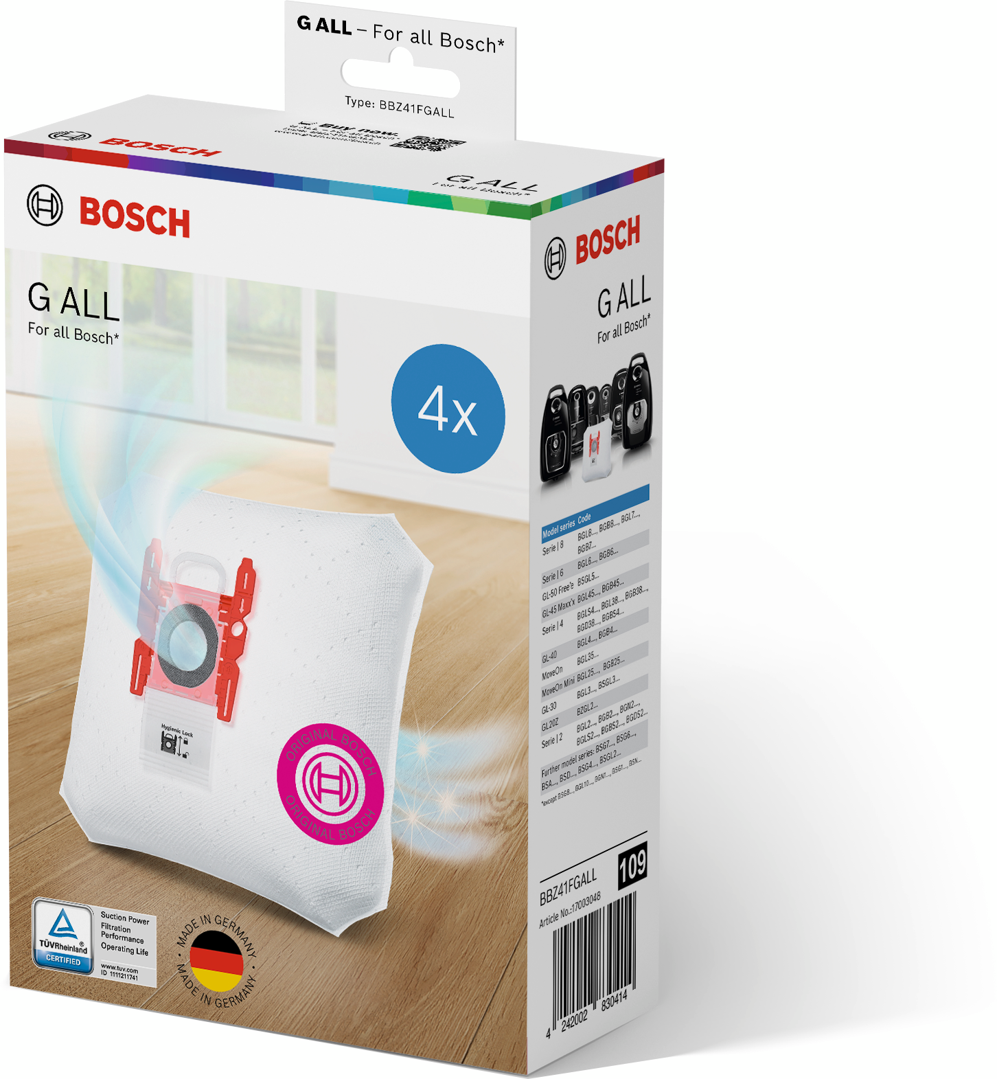 Bosch Staubsaugerbeutel in einer Box, mit einem roten und weißen Beutel sichtbar.