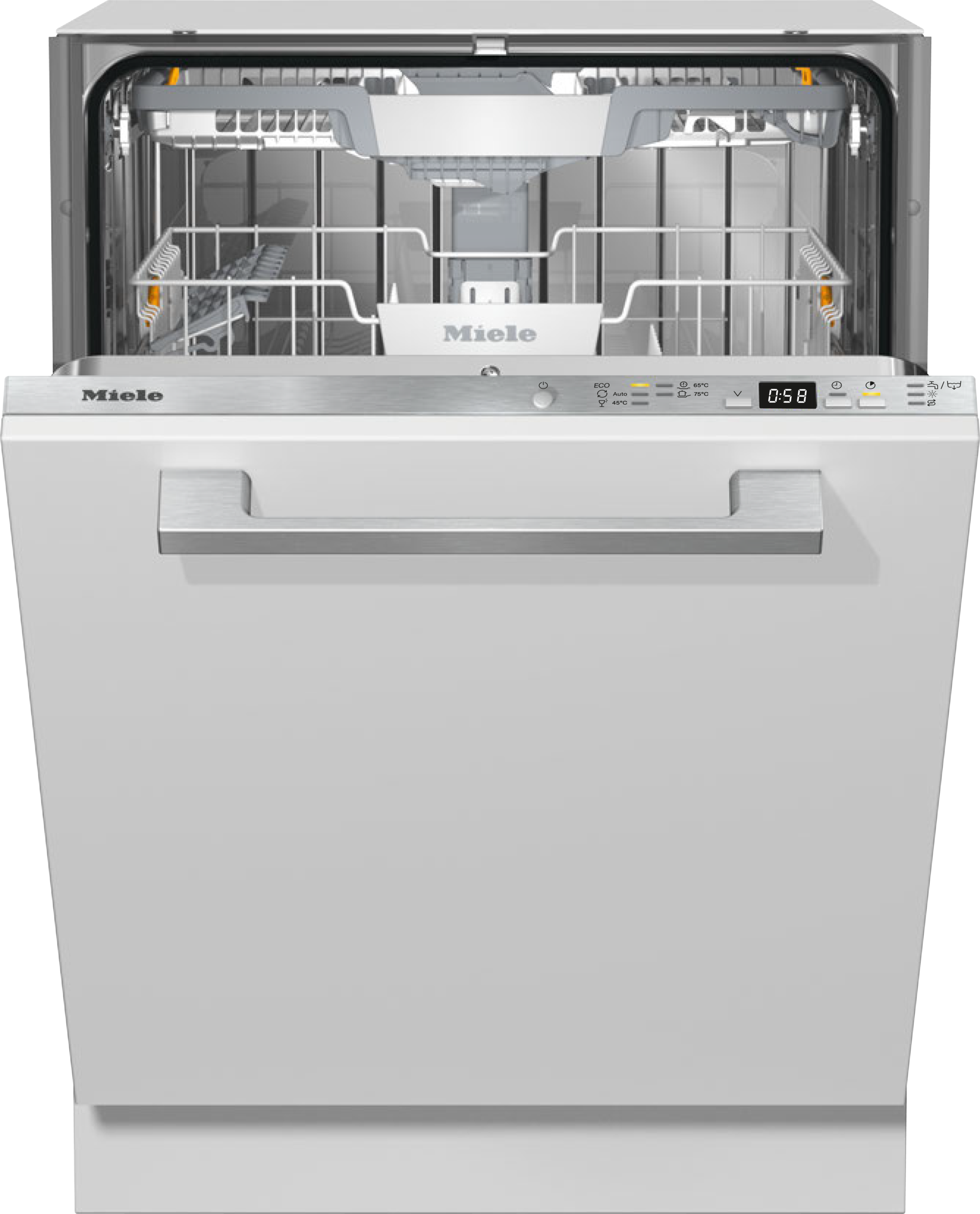 Miele Geschirrspüler, weiß, offene Tür, mit Bedienfeld und Display.
