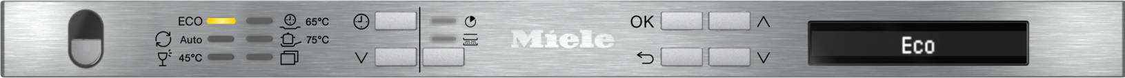 Geschirrspüler-Bedienfeld mit Tasten und Kontrollleuchten. Der Hintergrund ist grau.