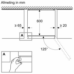 Diagram met installatiematen. Afmetingen van 600 mm hoogte en afstanden van de muren.