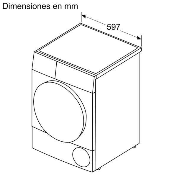 Dibujo lineal de una lavadora blanca. La parte superior de la máquina tiene las dimensiones 597 mm.