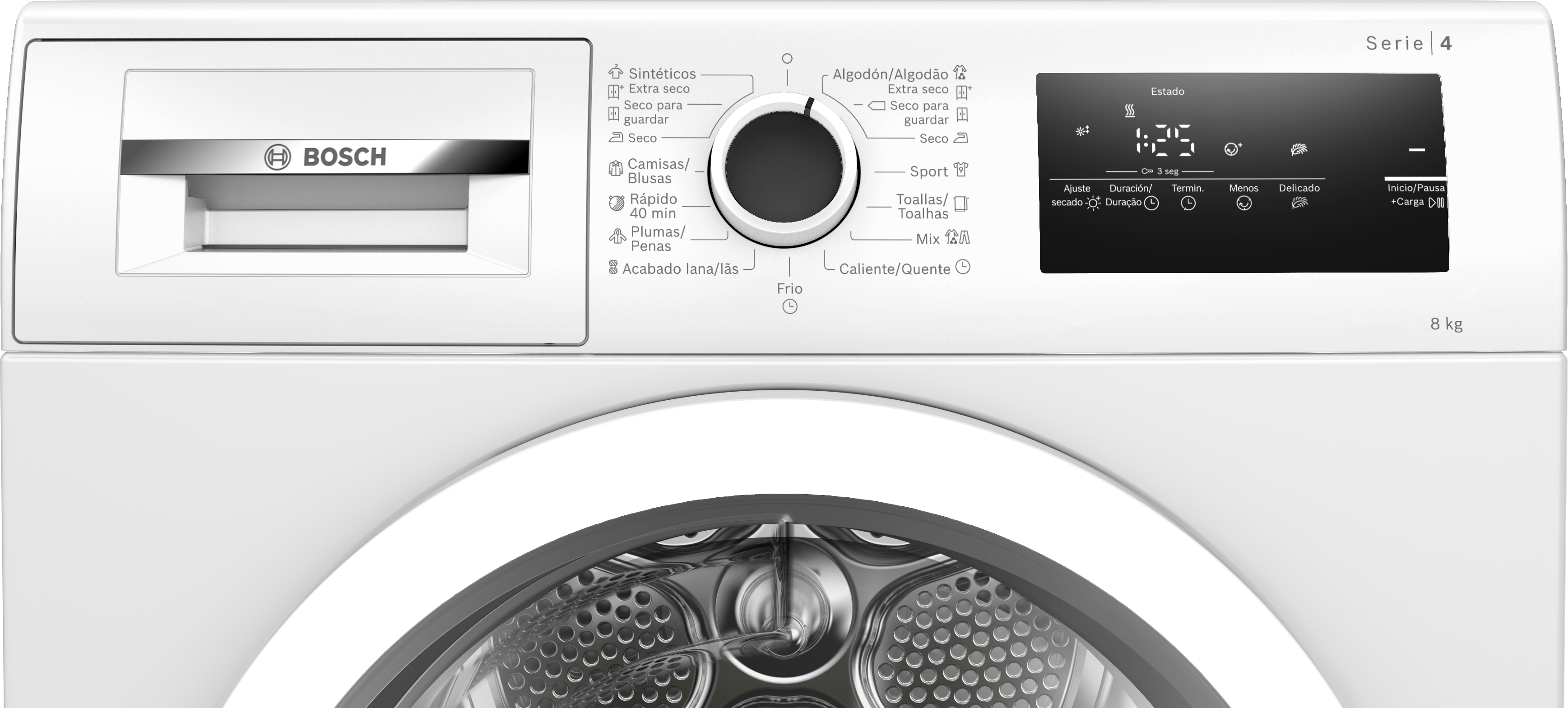 Parte frontal de secadora blanca. Tiene pantalla digital, dial de control y botones.
