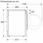 Una vista lateral de un refrigerador con dimensiones en mm.
