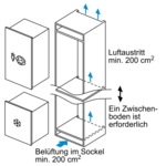 Diagramm zeigt Schrankbelüftung: Lufteinlass unten, Luftauslass oben, ein Regal ist erforderlich. Pfeile zeigen den Luftstrom.