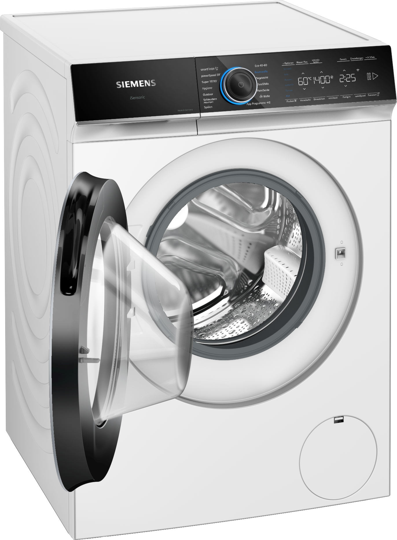 Weiße Siemens Waschmaschine mit offener Tür. Verfügt über ein Bedienfeld und eine transparente Tür.