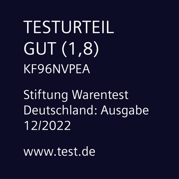 Text auf dunkelblauem Hintergrund mit deutschem Text, Testergebnis und Website www.test.de.