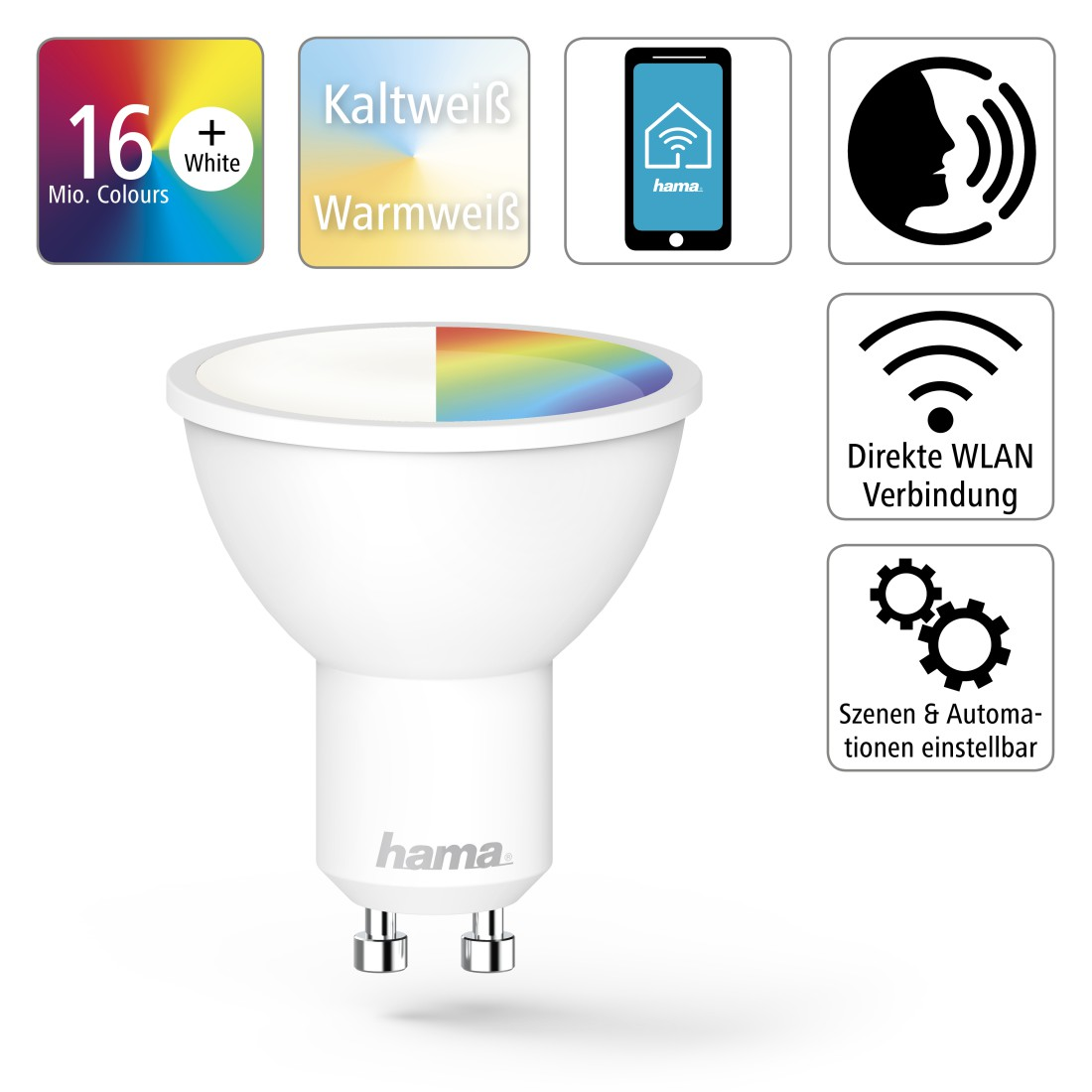 Weiße Smart-Glühbirne mit verschiedenen Symbolen. Zeigt Funktionen wie Farbauswahl und WLAN.