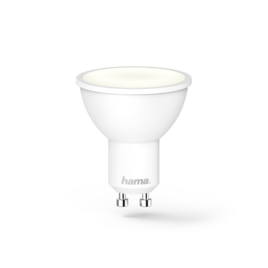 Eine weiße LED-Lampe in Strahlerform mit silbernem Sockel auf weißem Hintergrund.