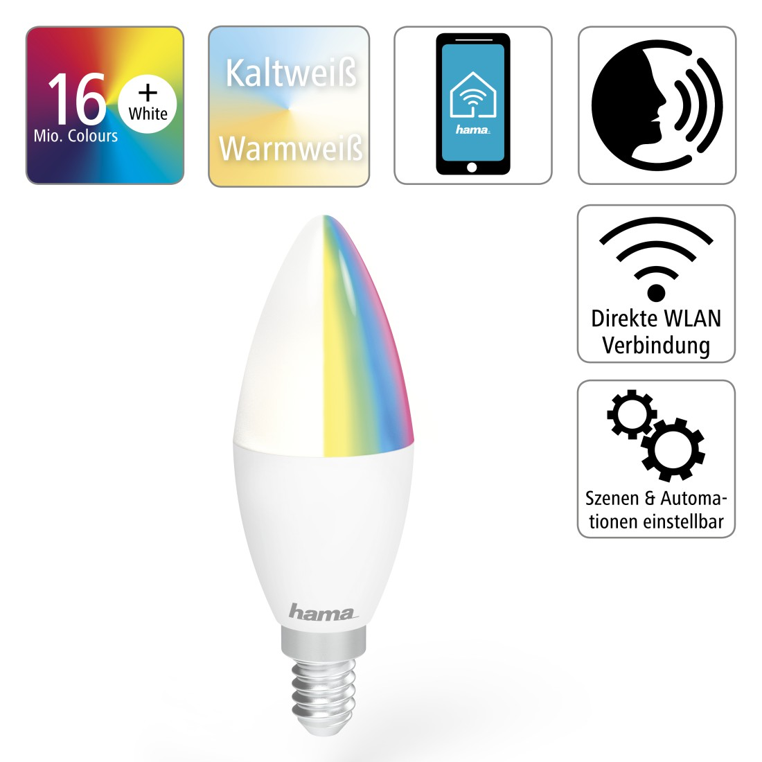 HAMA App und Sprachsteuerbare E14 RGBW WLAN-LED - Lampe Multi-Colour