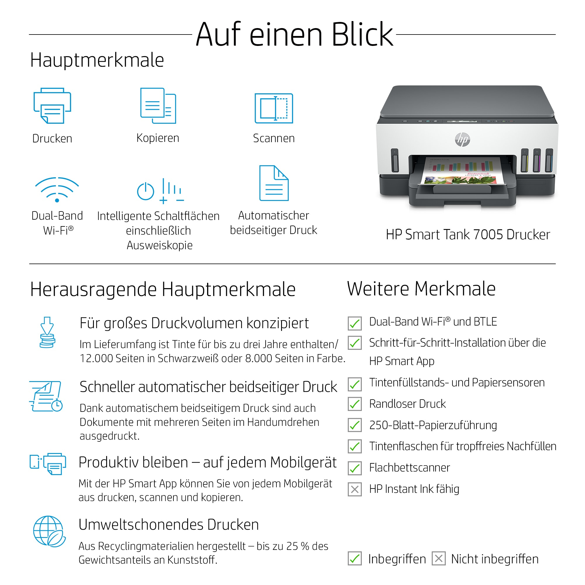 Drucker mit aufgelisteten Funktionen, einschließlich Dual-Band-WLAN, automatischem Duplexdruck und HP Smart Tank.