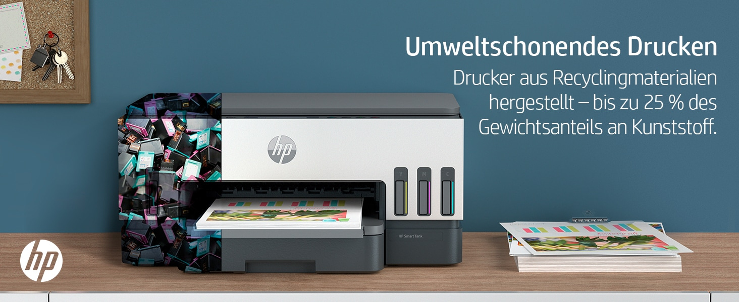 Drucker mit farbenfrohem Druck. Text oben: 'Umweltschonendes Drucken'.