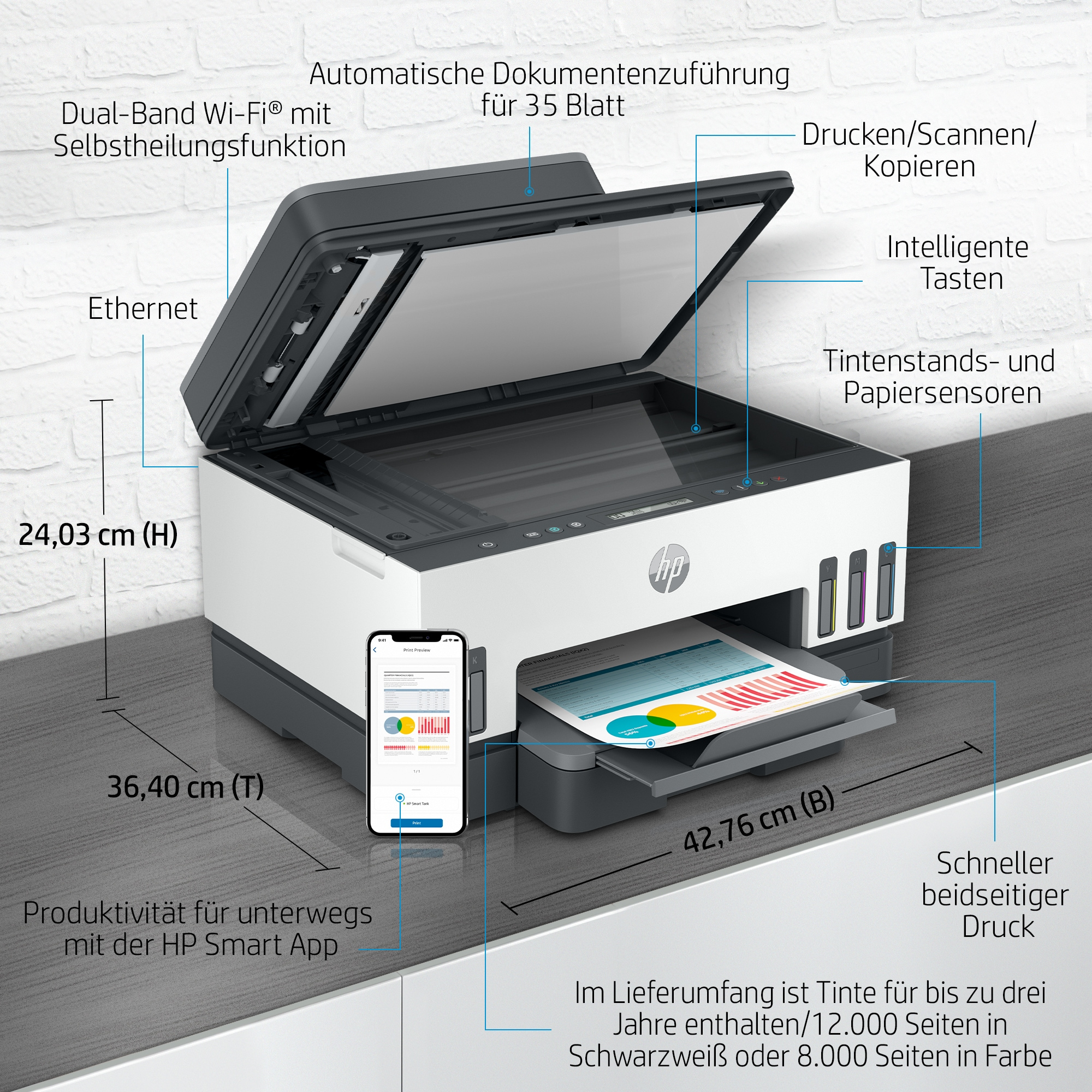 Drucker mit Anmerkungen. Zeigt Funktionen wie Smart App, Wireless, Ethernet und Abmessungen. Enthält Drucker mit Papier.