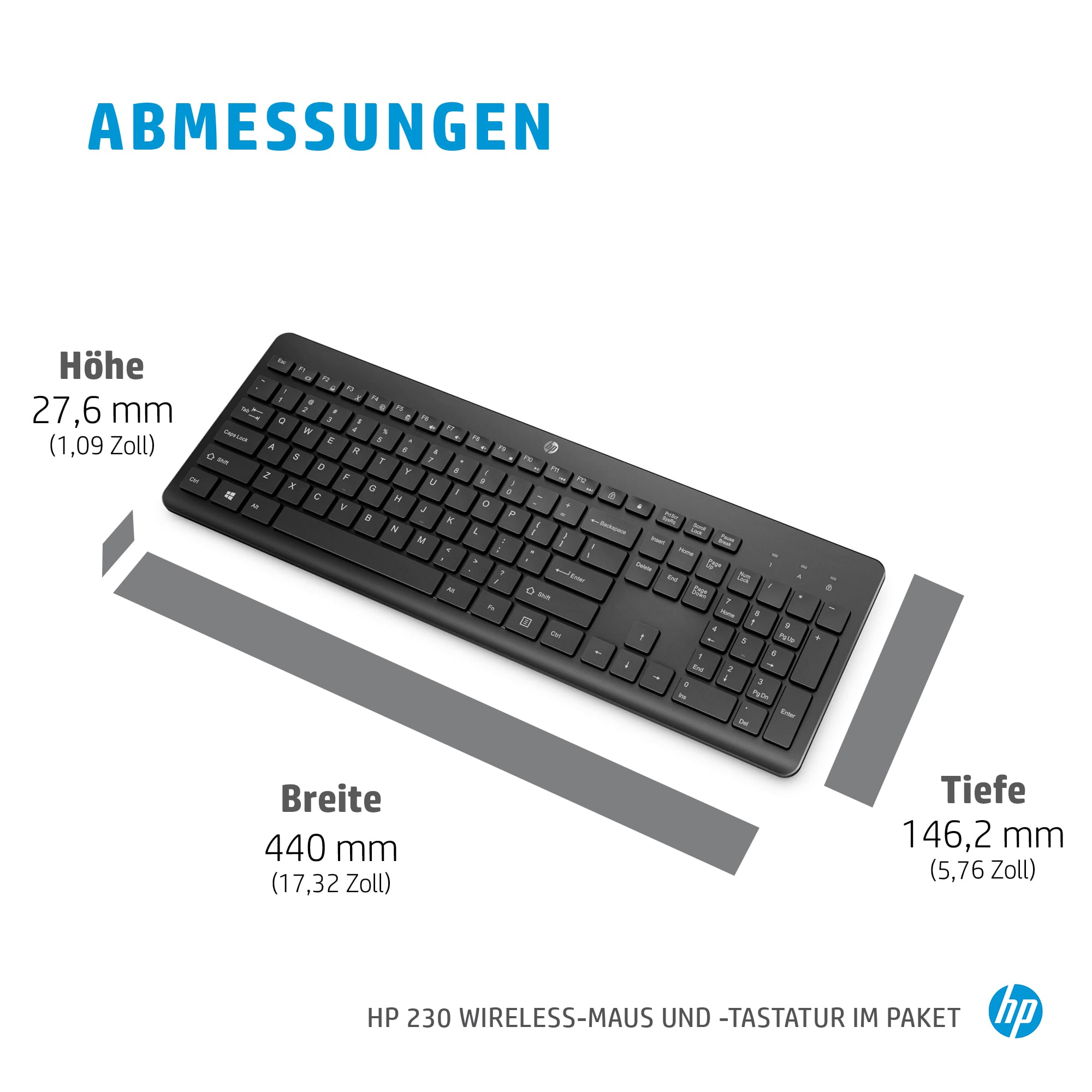 Schwarze Tastatur mit Abmessungen. Text: Höhe, Breite und Tiefe. HP 230 Wireless-Maus.