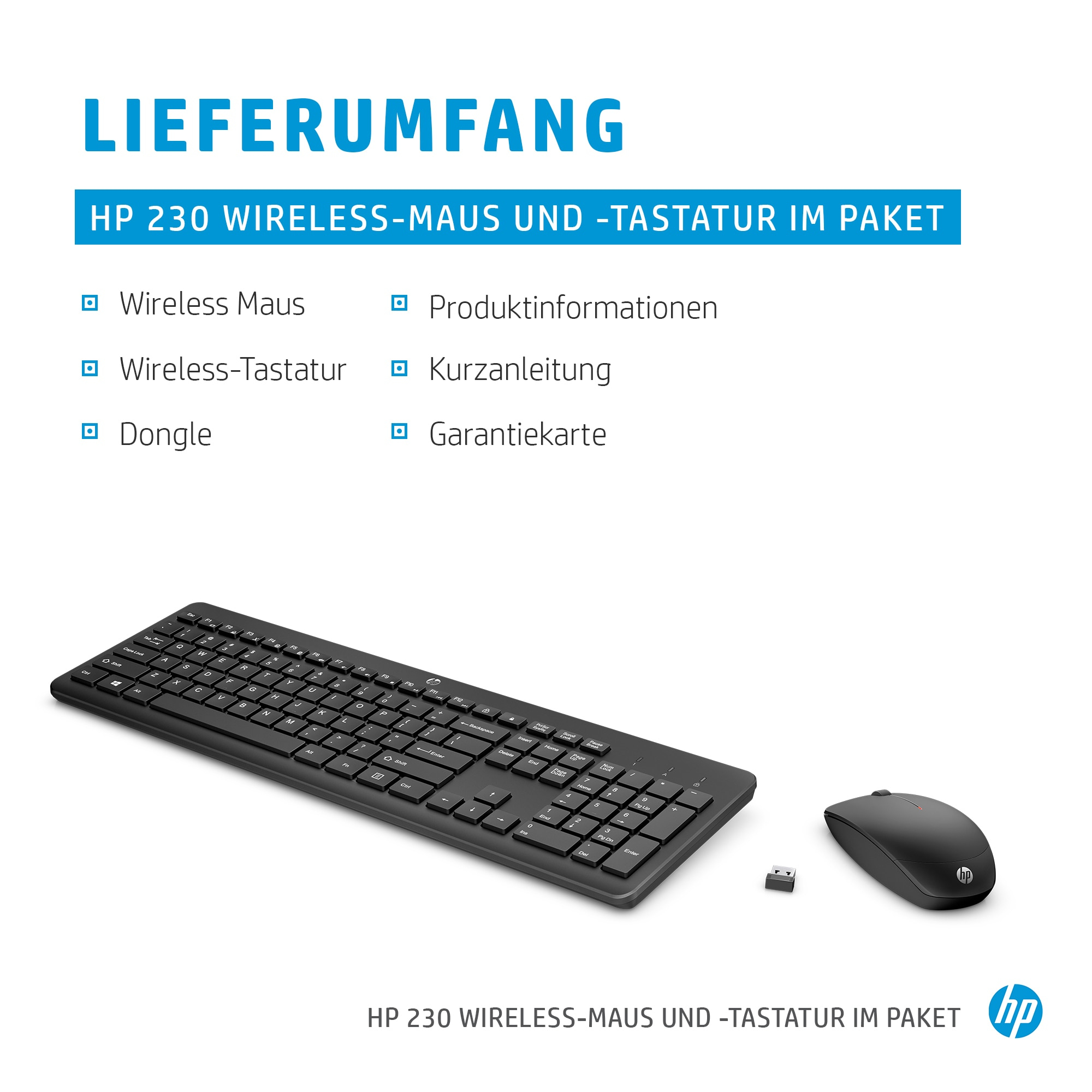 Tastatur, Maus und Dongle auf weißer Oberfläche, Produktinformationen in Blau.