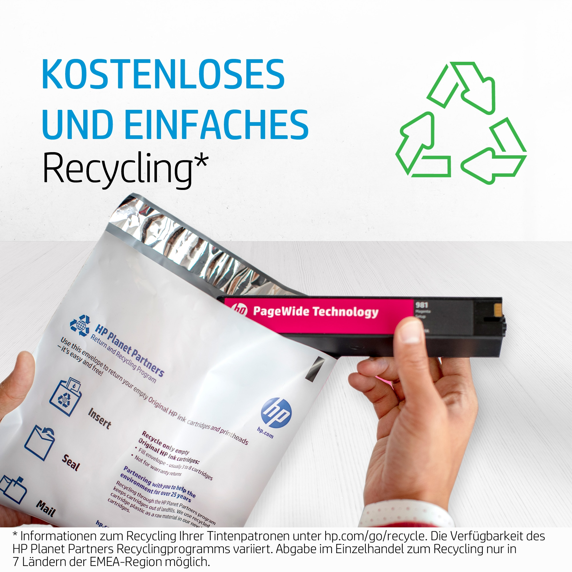 Hand hält eine HP-Tintenpatronenpackung. Text: Recycling, einlegen, versiegeln, mailen. HP-Logo und Recycling-Logo.