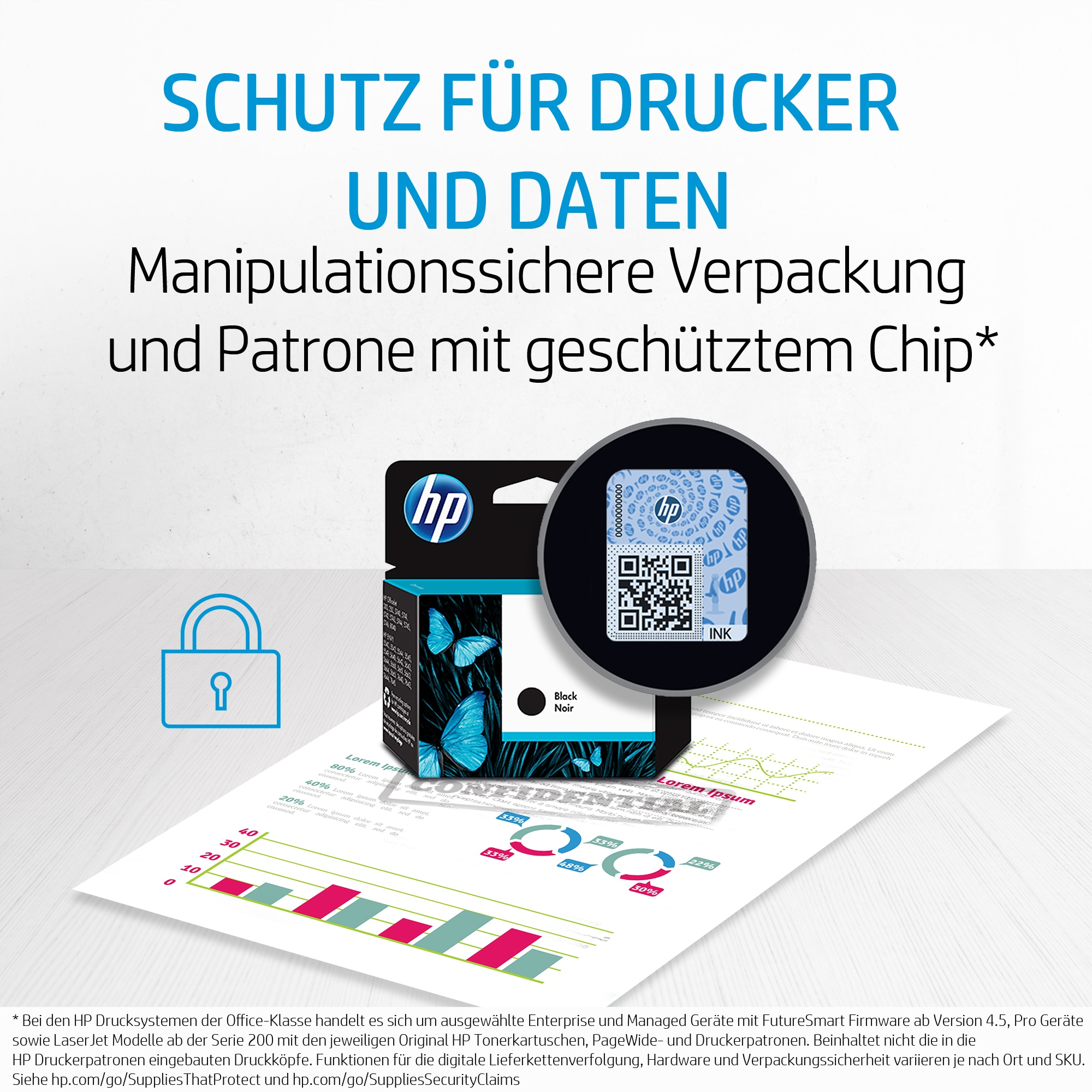 Eine schwarze HP Tintenpatrone mit einem Sicherheitssiegel. Ein Schlosssymbol und ein Dokument sind sichtbar.