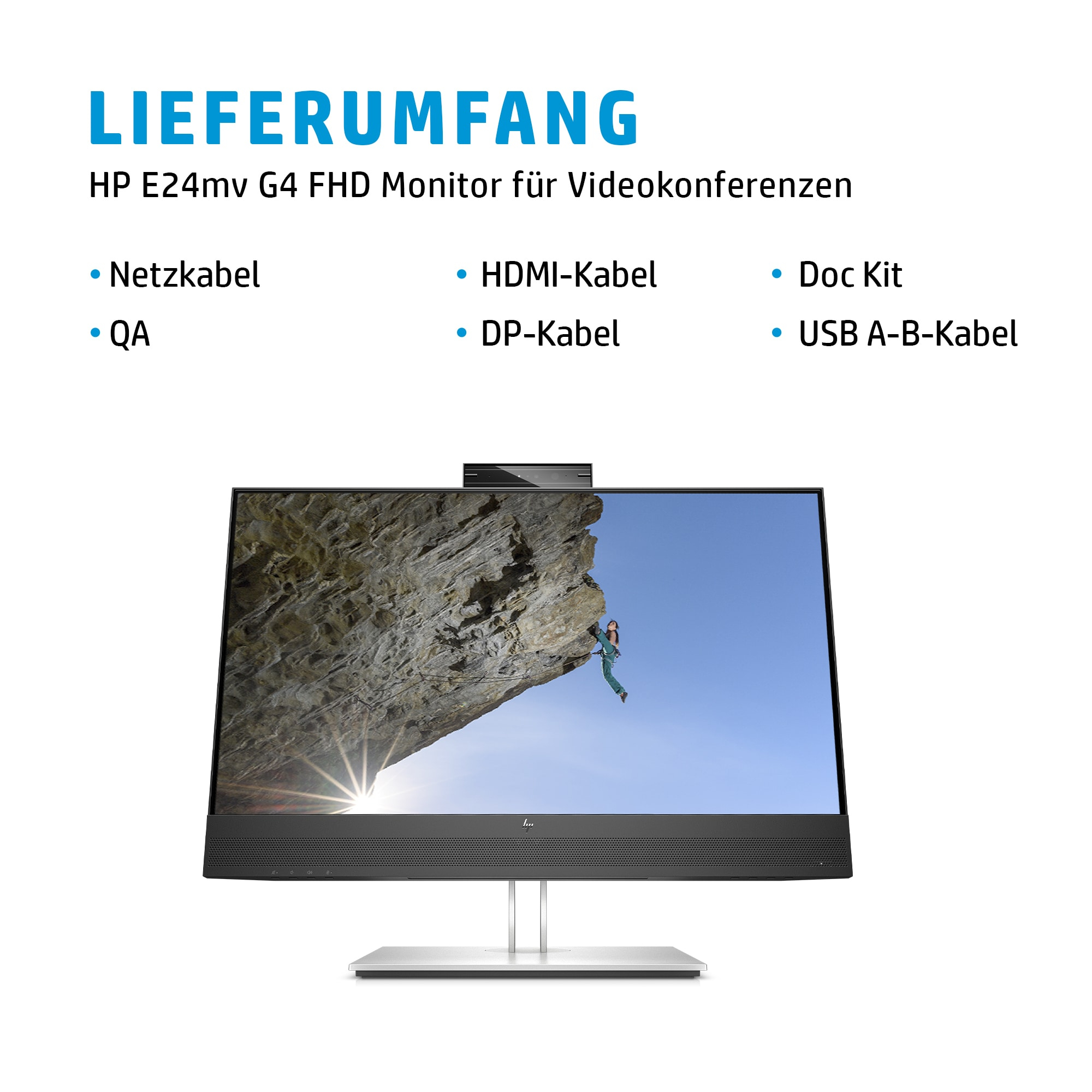 HP E24mv G4 FHD Monitor zeigt Felskletterer an einer Felswand unter blauem Himmel.