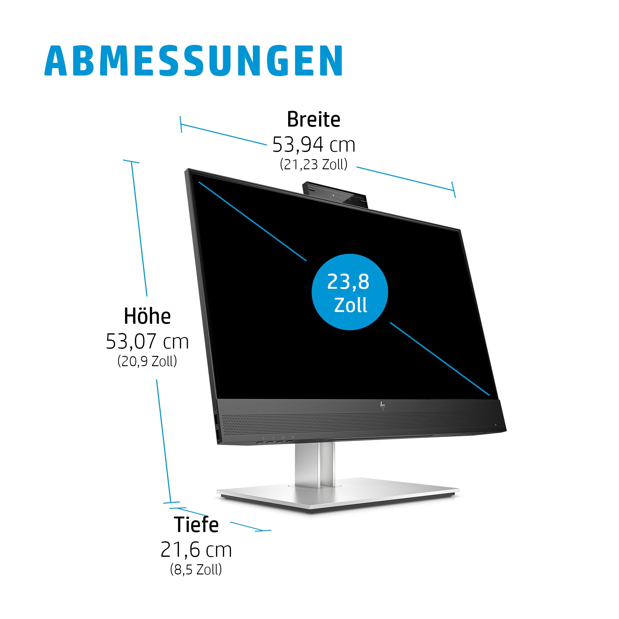 Ein All-in-One-Computer mit schwarzem Bildschirm, Abmessungen werden angezeigt. Text: Breite 53,94 cm, Höhe 53,07 cm, Tiefe 21,6 cm.