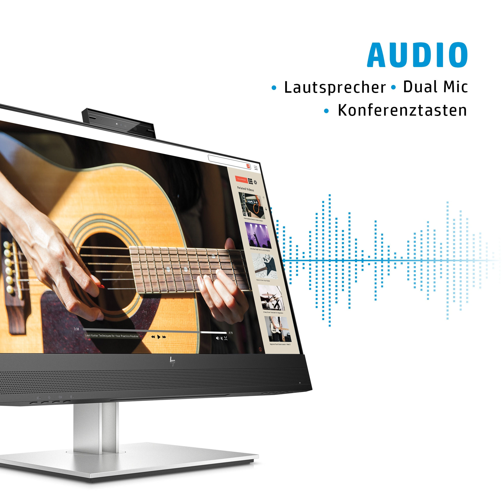 Ein silberner Computermonitor zeigt eine Person, die Gitarre spielt, mit Audiowellen und Text rechts.