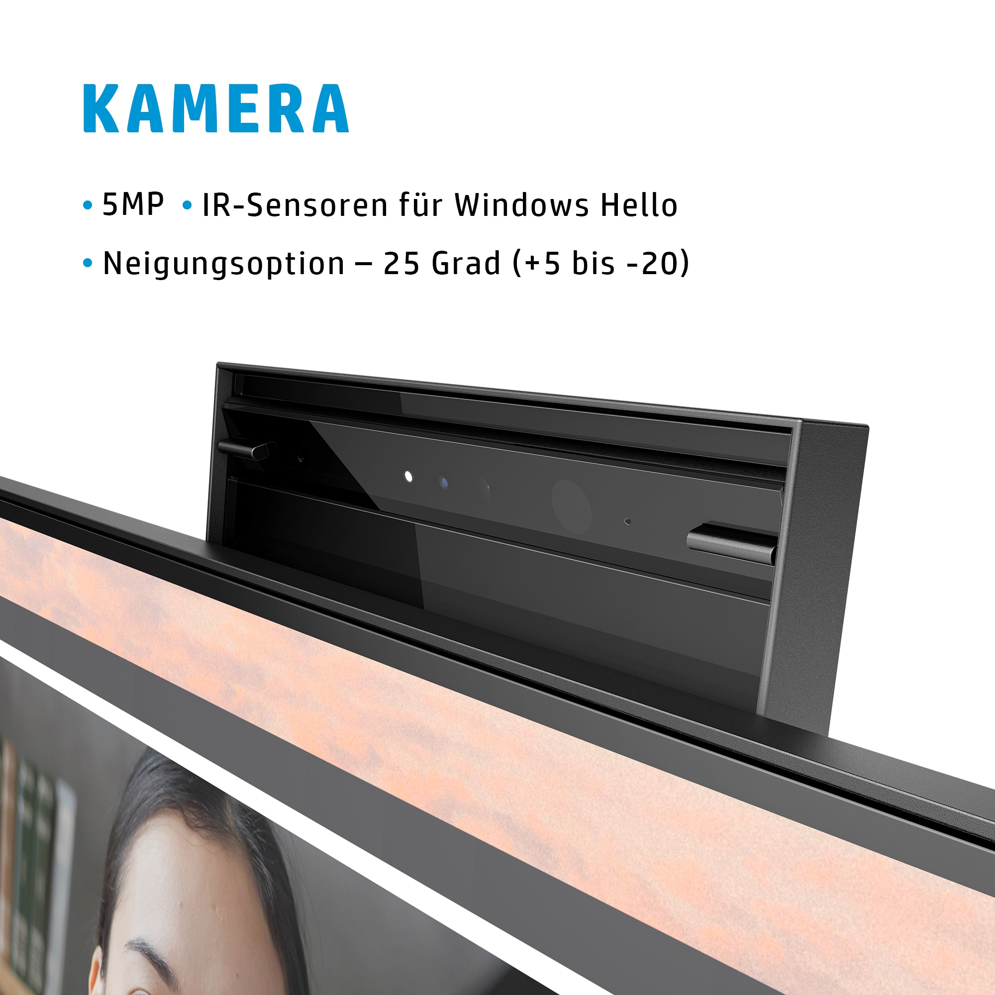 Eine schwarze Kamera mit Spezifikationen. Der Text oben lautet 'KAMERA'. Die Kamera hat Sensoren und eine Neigungsoption.
