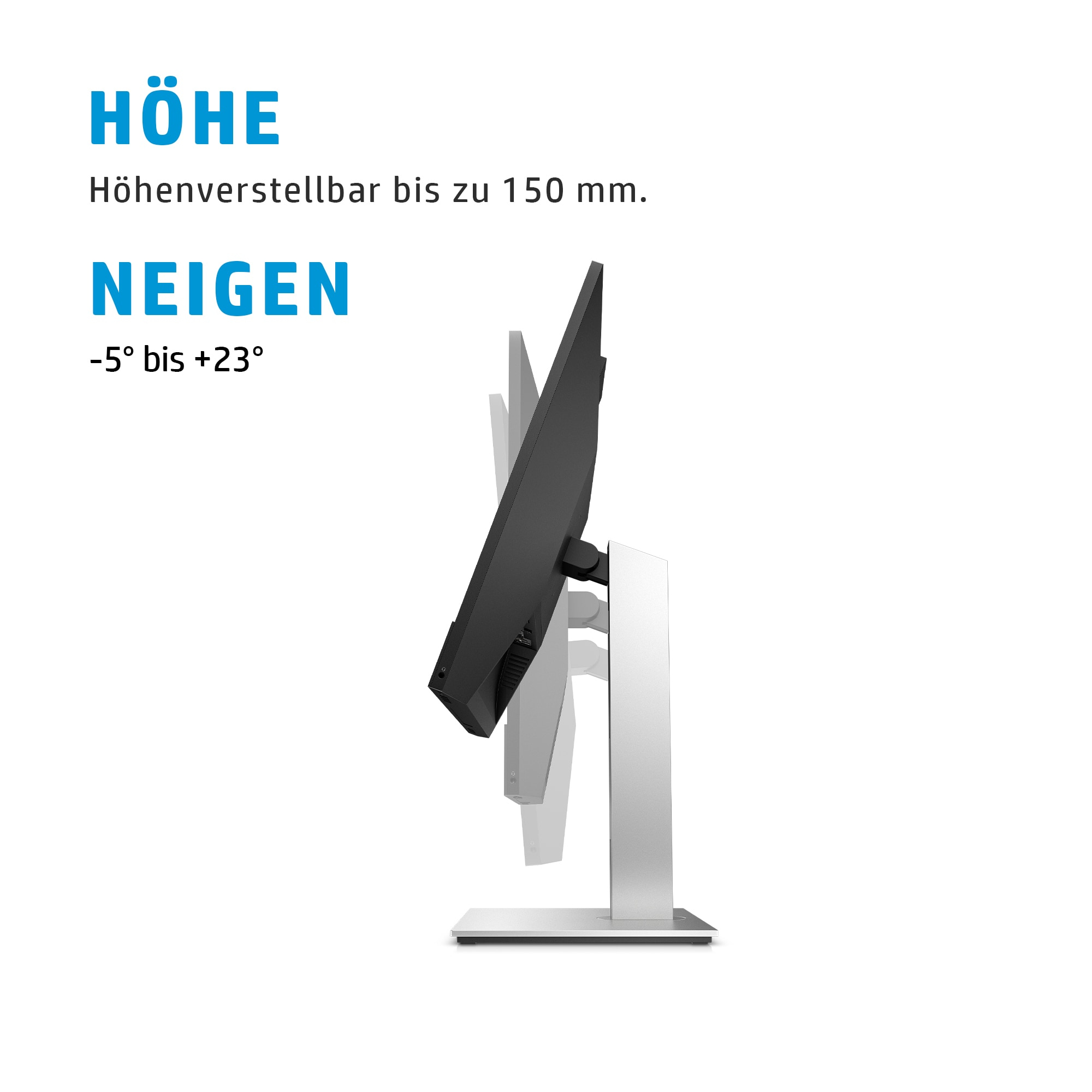 Seitenansicht eines schwarzen Monitors mit silbernem Ständer. Text zeigt Höhen- und Neigungsverstellung.