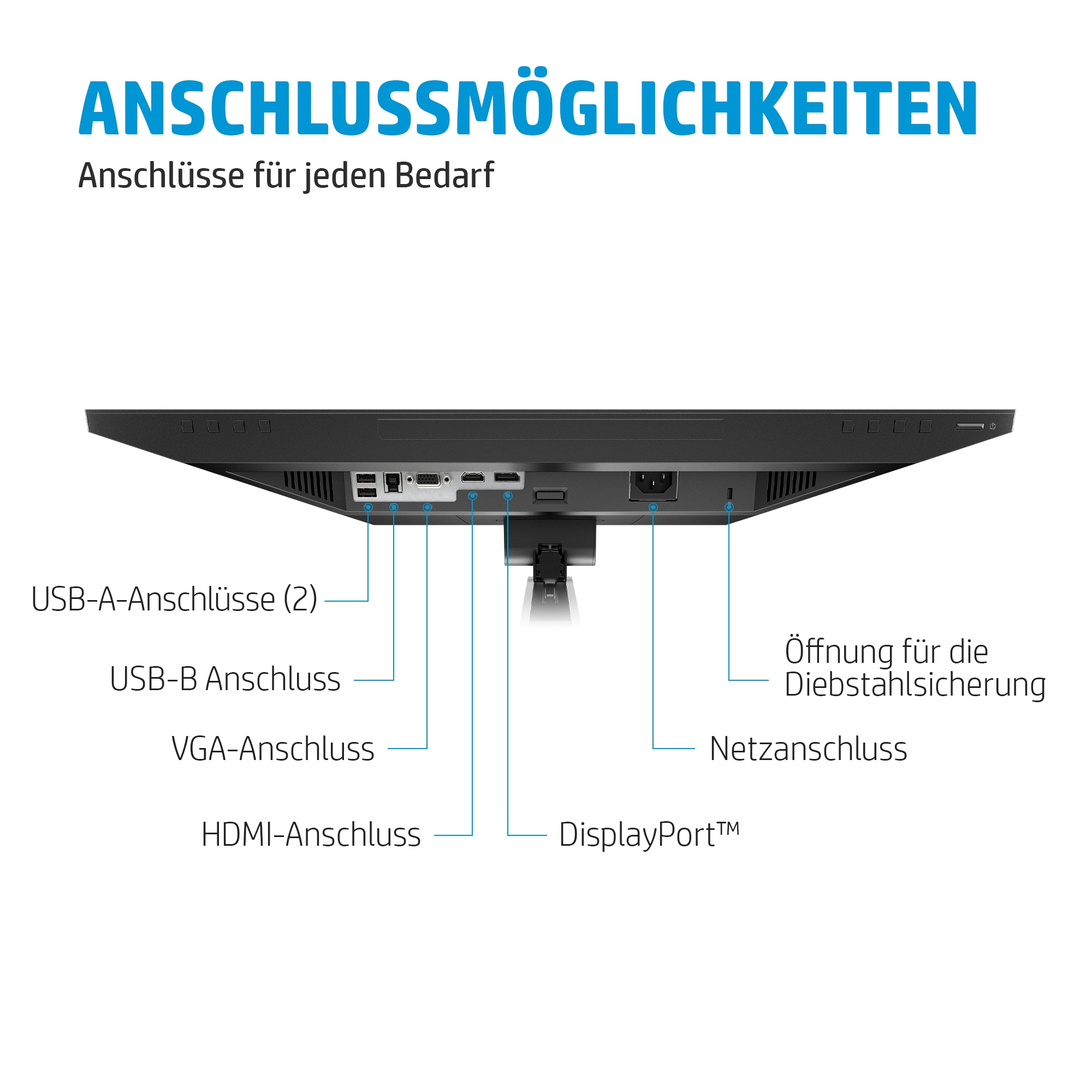 Rückseite des Monitors mit Anschlüssen: USB, VGA, HDMI, DisplayPort, Stromanschluss und Diebstahlsicherung.