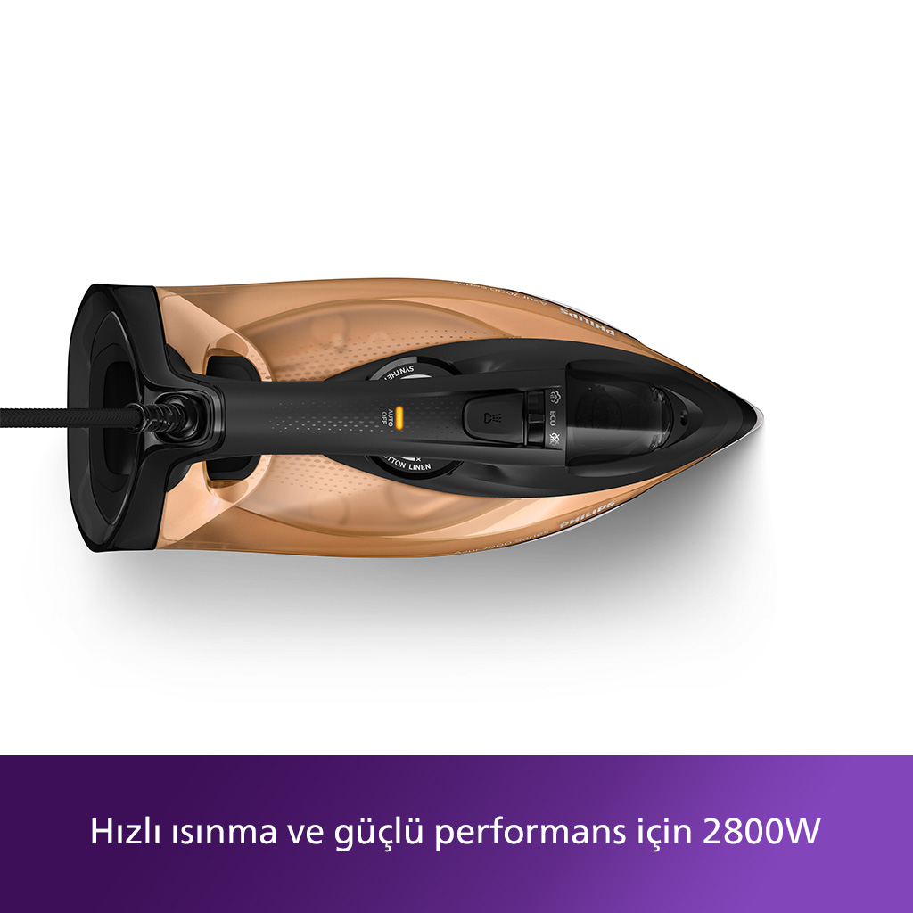 Yukarıdan ütü. Metin: Hızlı ısınma ve güçlü performans için 2800W.