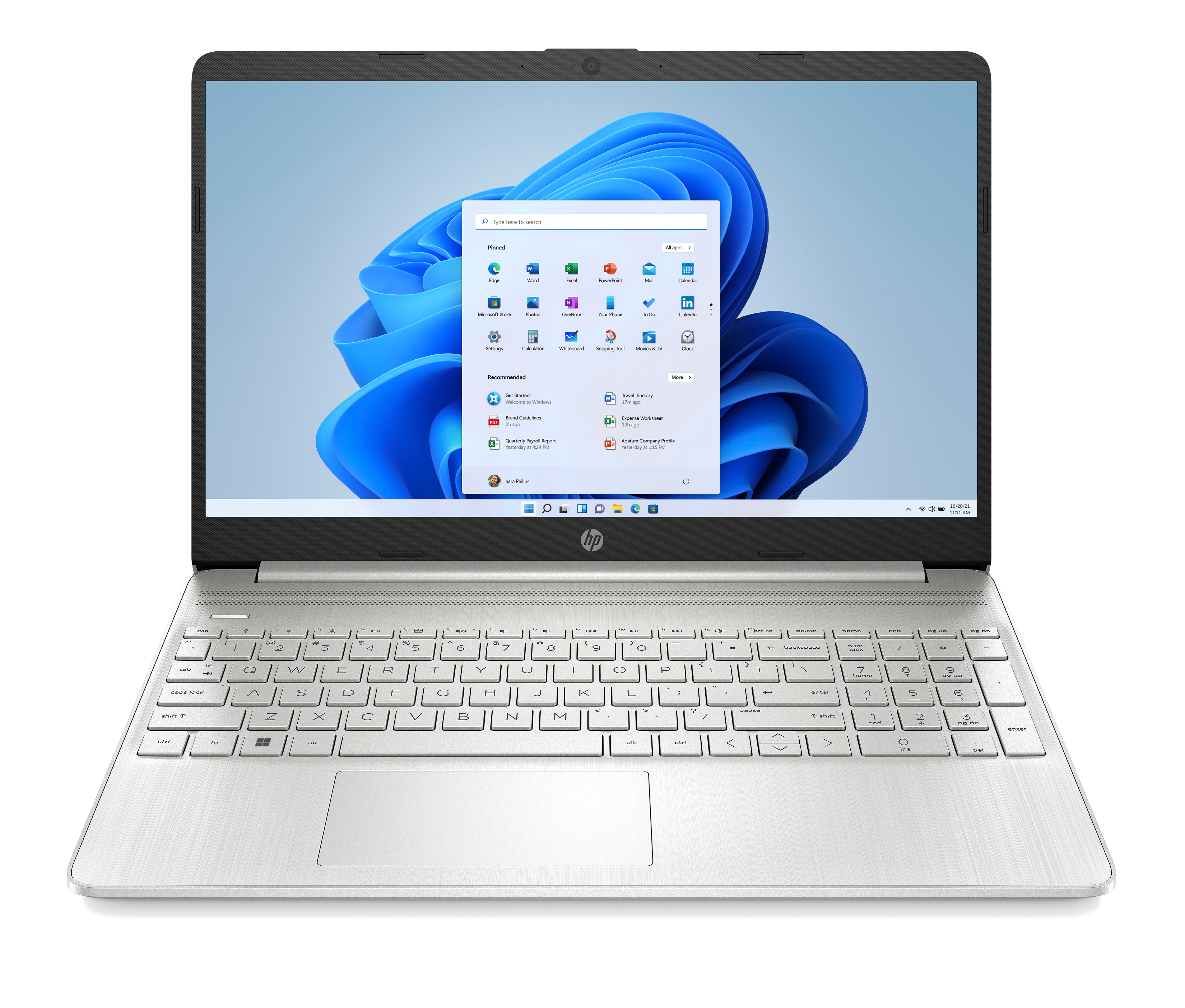 Windows 11 masaüstünü gösteren beyaz ekranlı gümüş bir HP dizüstü bilgisayar.