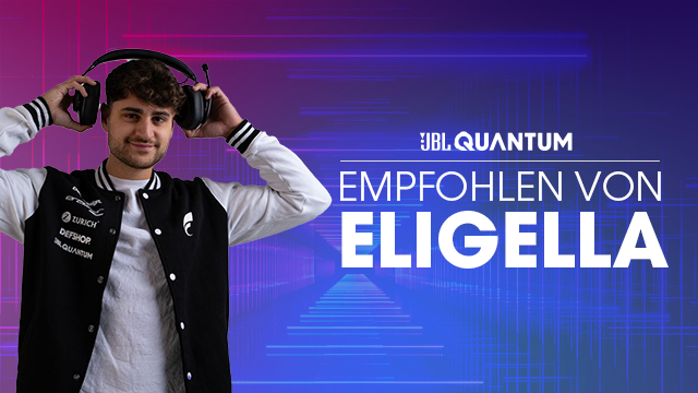 Ein Mann mit Kopfhörern posiert, mit dem Text JBL Quantum und Elige.