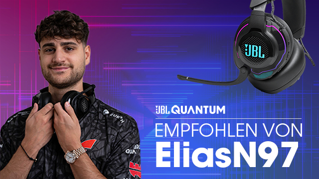Mann mit Headset. JBL-Headset rechts. Text: Empfohlen von EliasN97.
