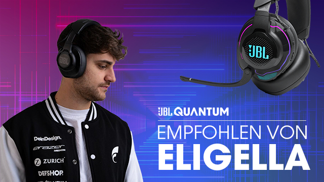 Mann mit Kopfhörern, der nach unten schaut, Produktwerbung mit JBL Quantum.