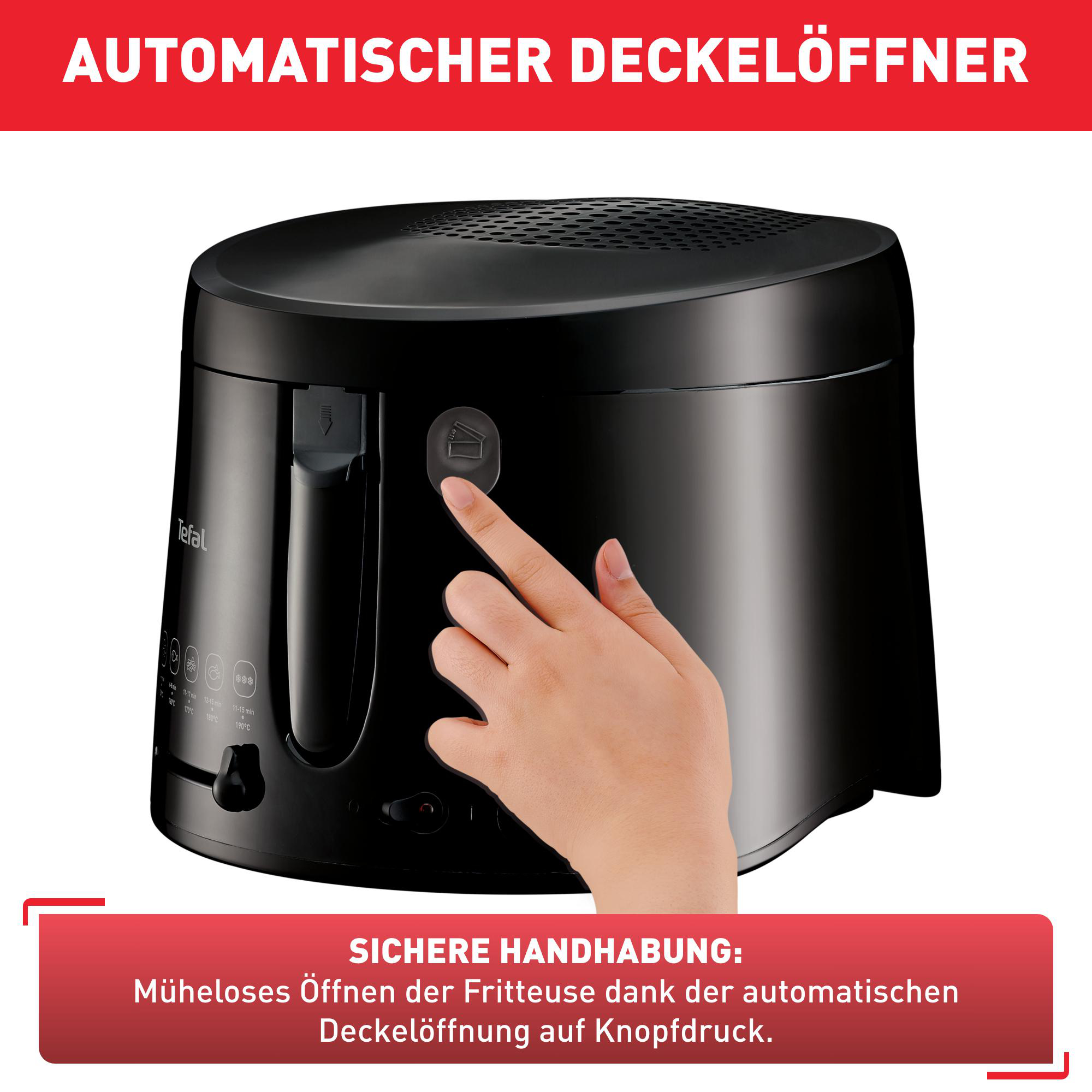 Schwarze Fritteuse, Hand drückt Deckelöffner, rotes Textbanner oben und unten.