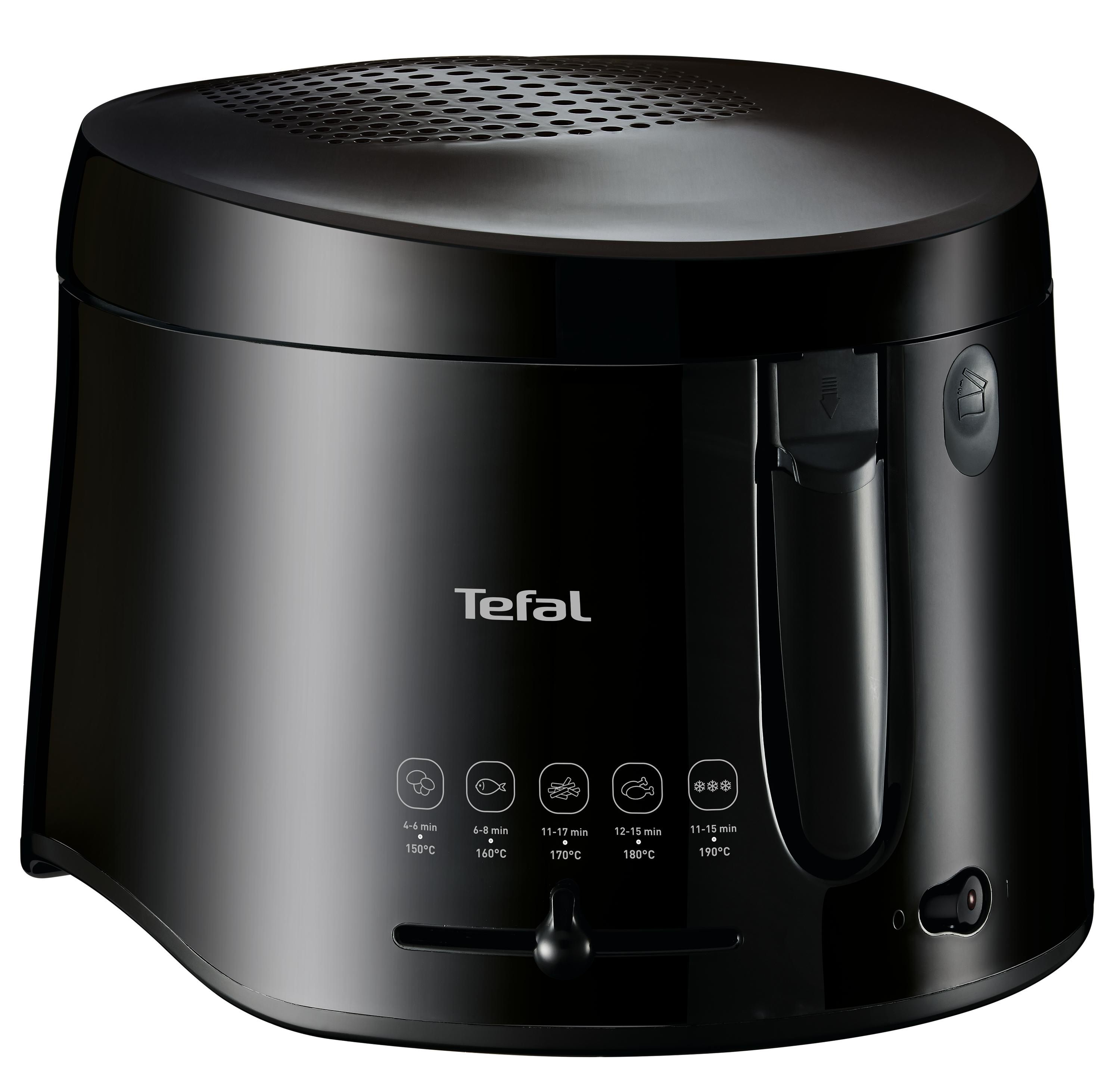 Eine schwarze Tefal-Fritteuse.