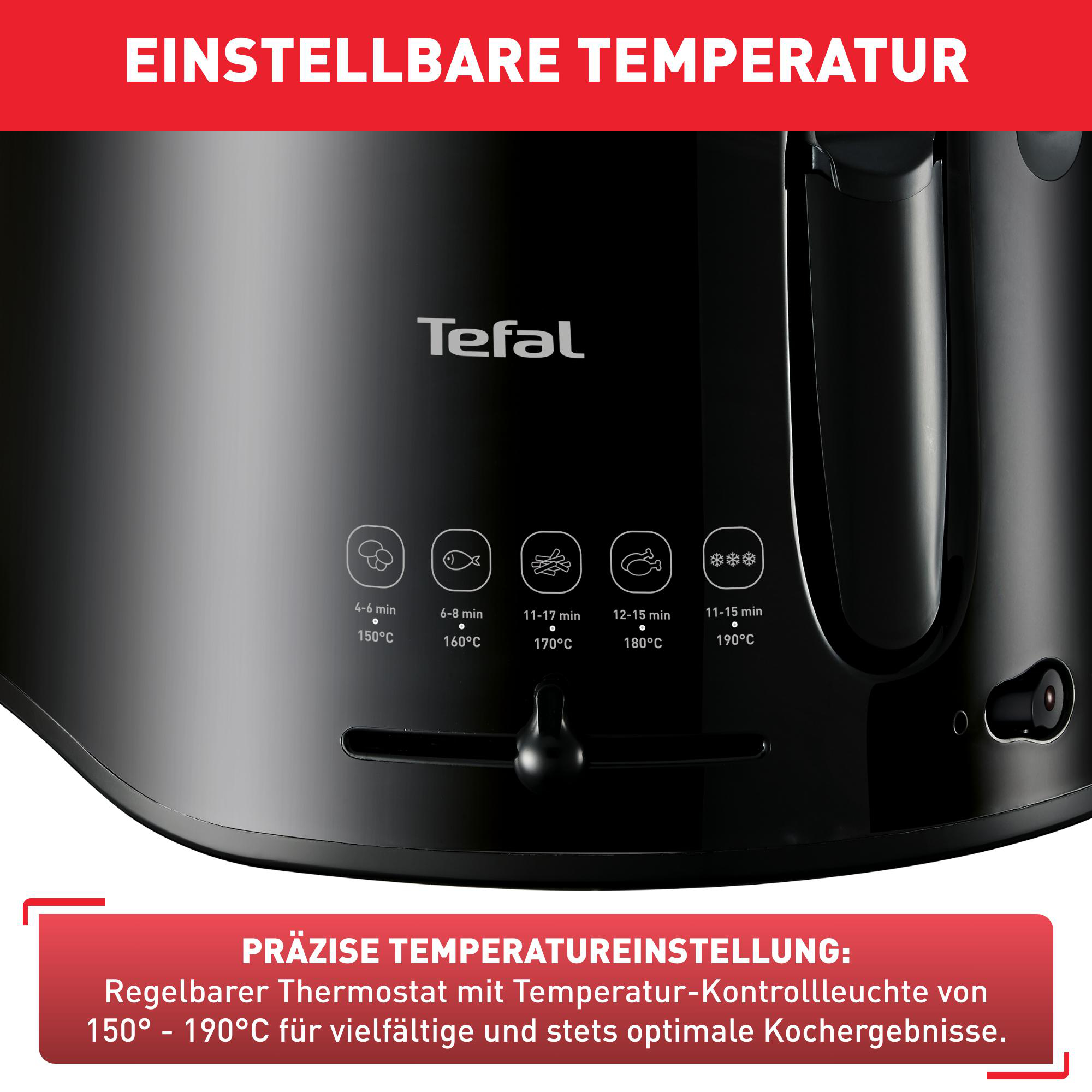 Nahaufnahme des Bedienfelds eines schwarzen Tefal-Geräts. Zeigt Temperatureinstellungen und Symbole.