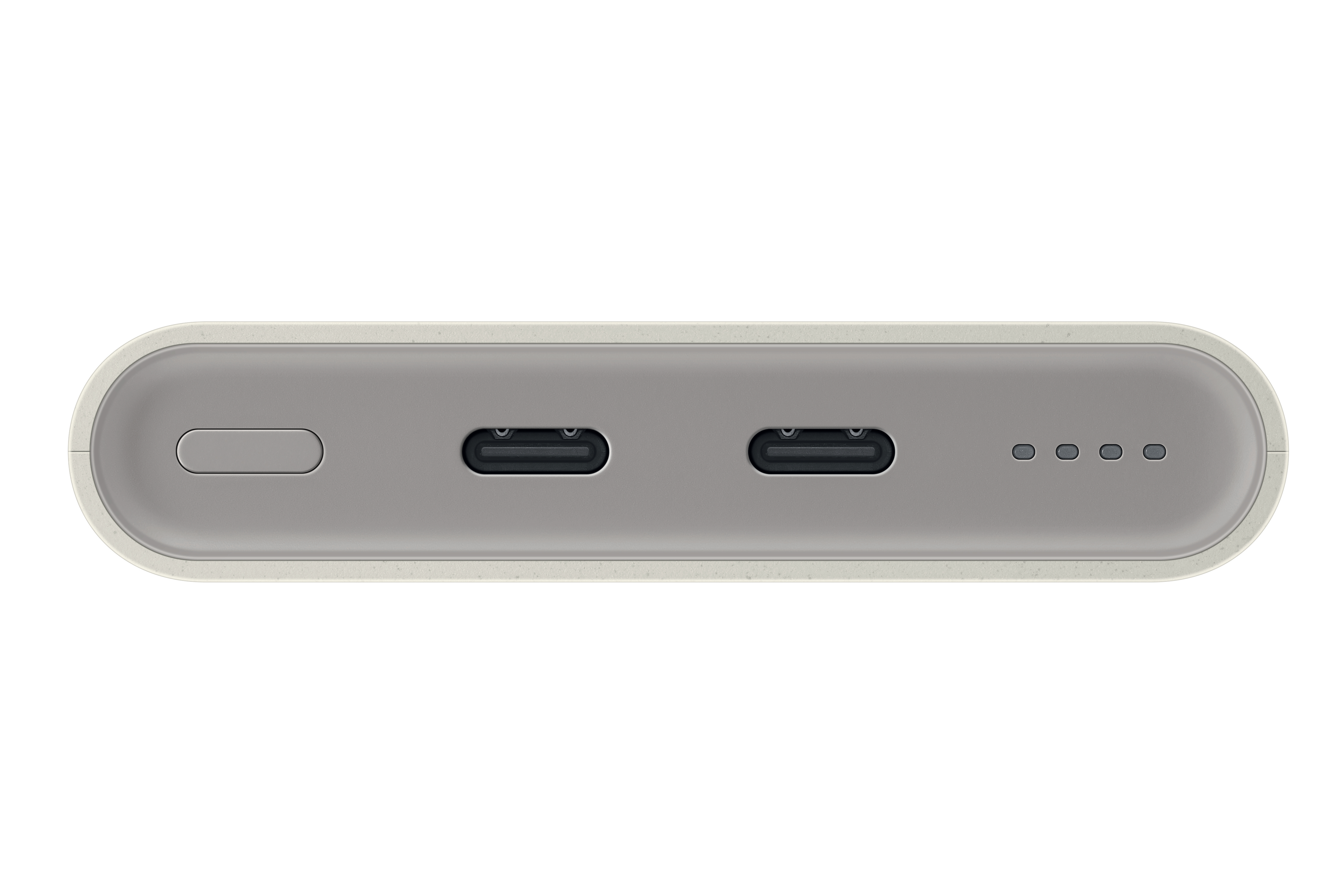 Nahaufnahme einer Powerbank mit zwei USB-C-Anschlüssen, einer Ein-/Aus-Taste und vier kleinen Kontrollleuchten.