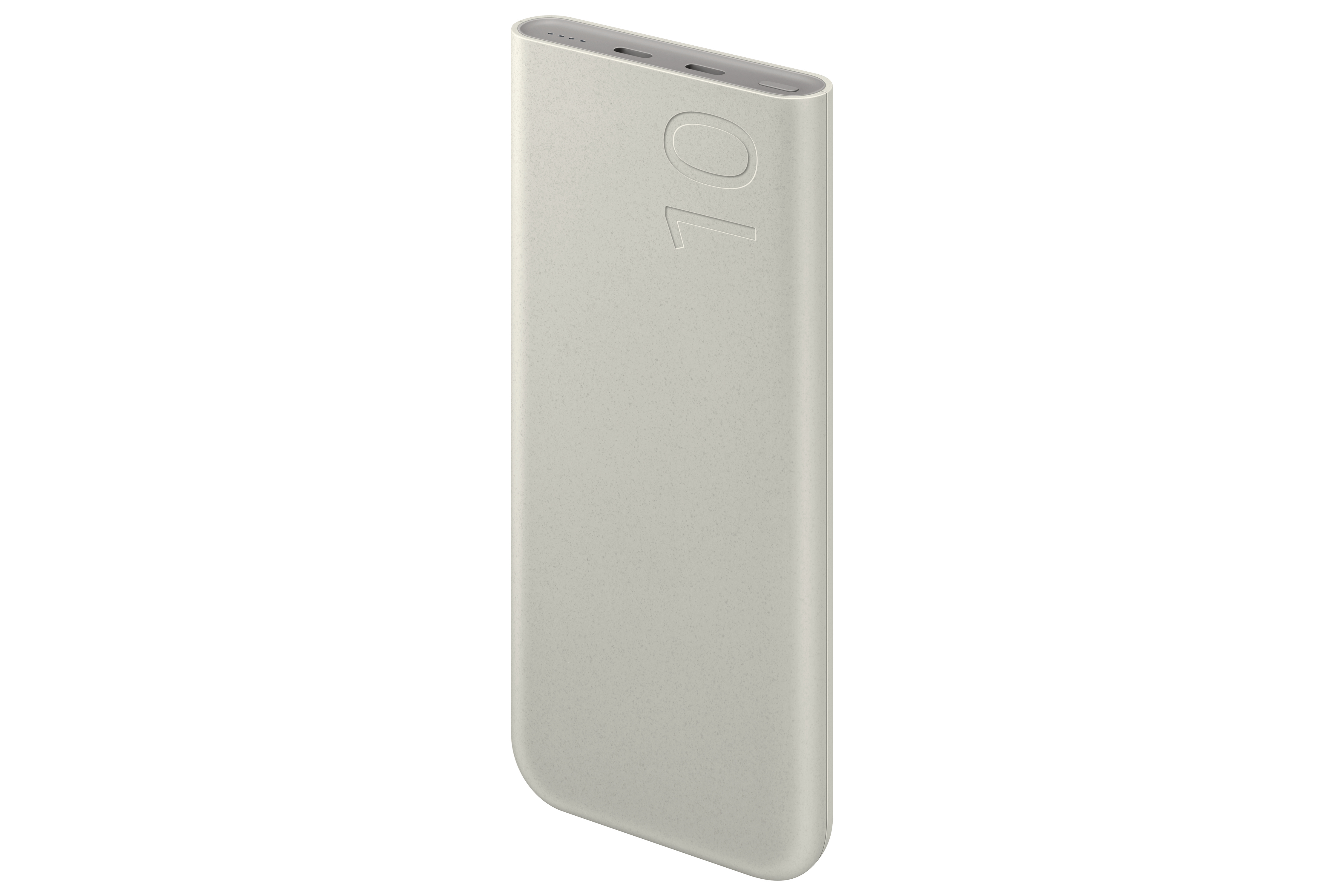 Eine hellgraue Powerbank mit der Zahl '10' auf der Seite, vor weißem Hintergrund.