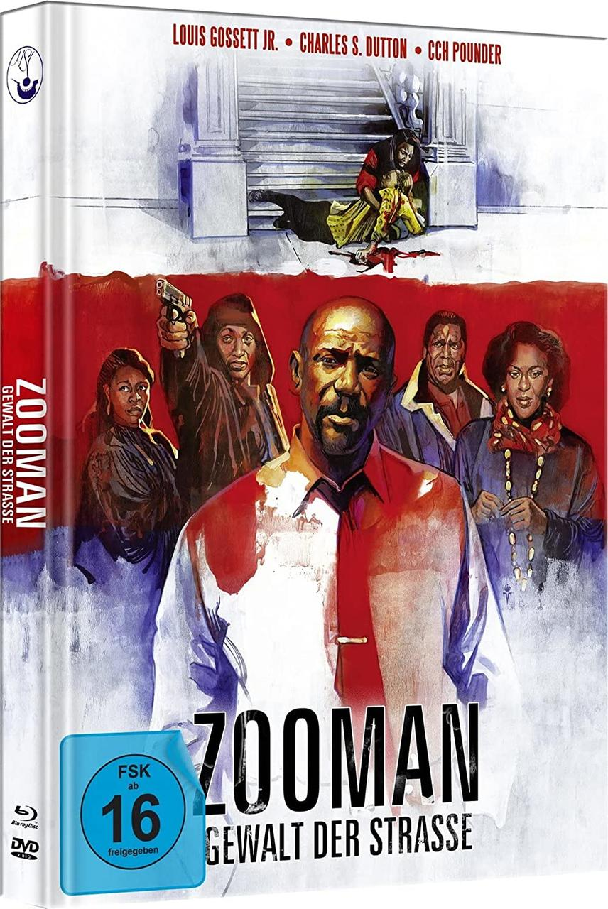 DVD-Hülle mit einem Mann im Zentrum, umgeben von Menschen, Titel 'ZOOMAN', ein Filmposter.